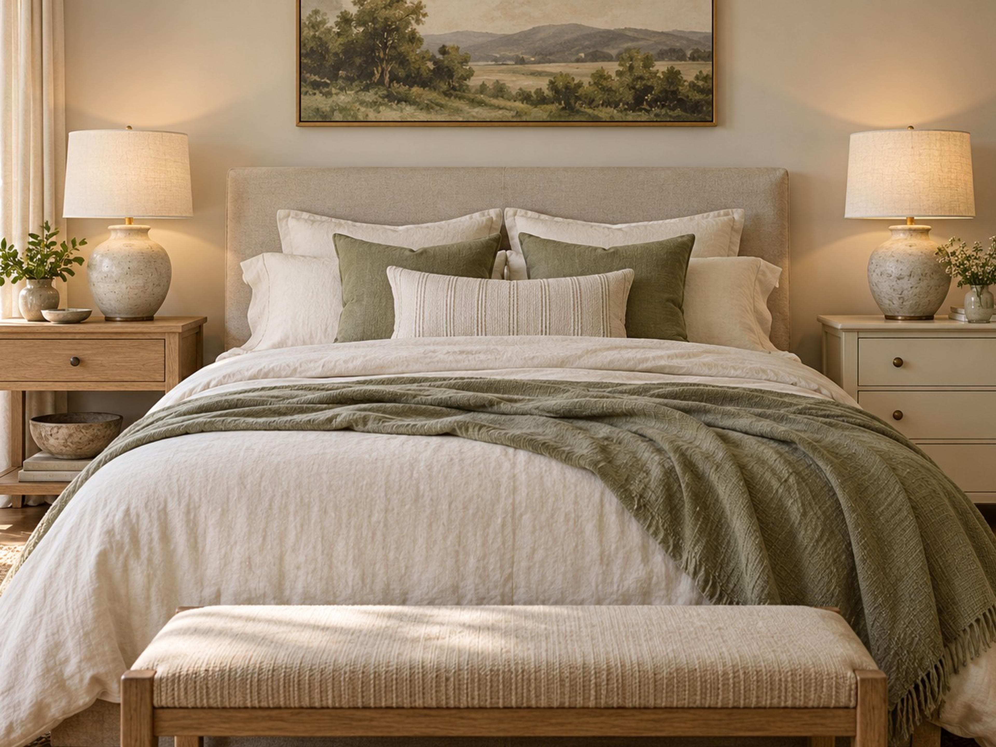 Queen bed with two different nightstands at mattress height and matching ceramic lamps