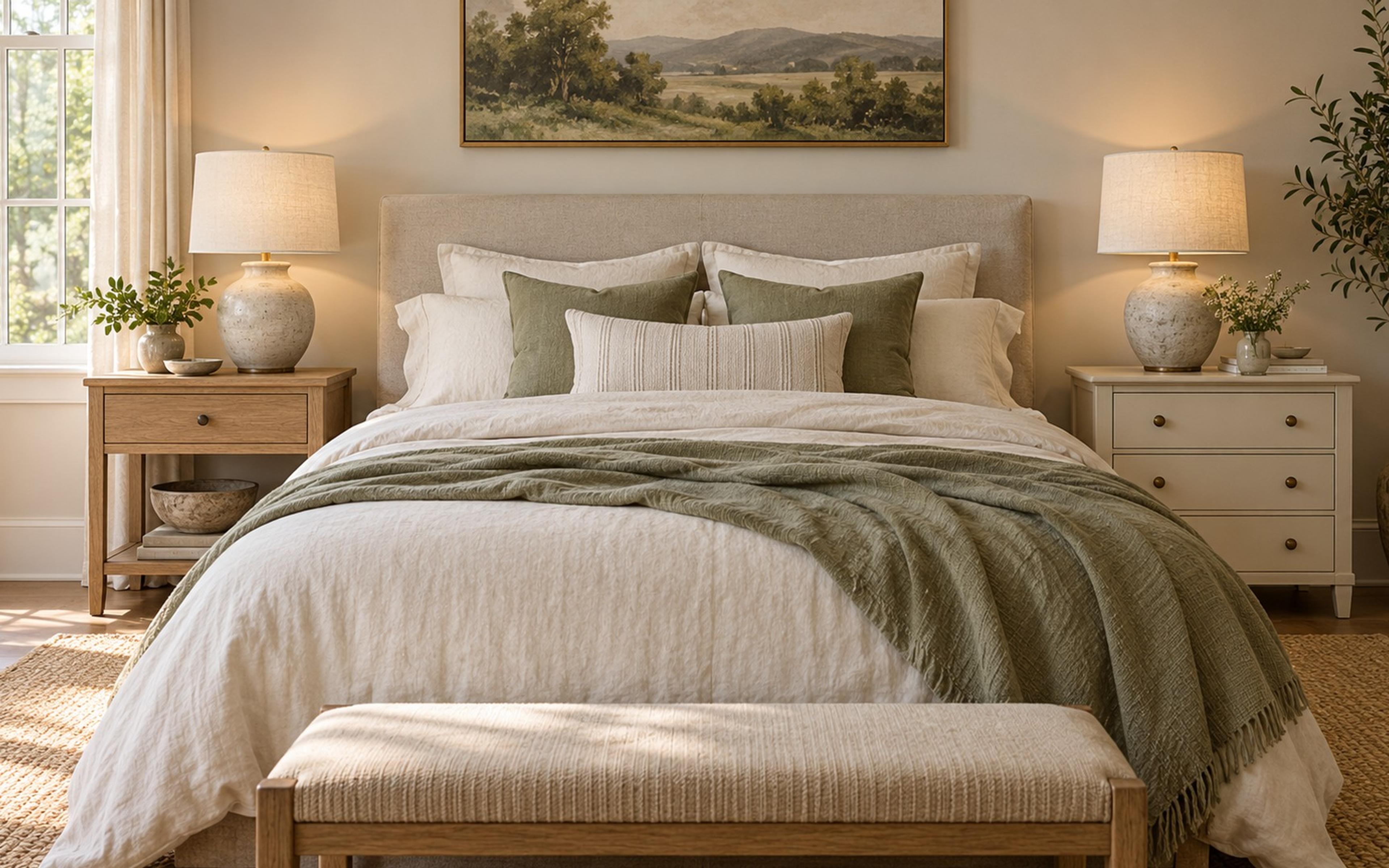 Queen bed with two different nightstands at mattress height and matching ceramic lamps