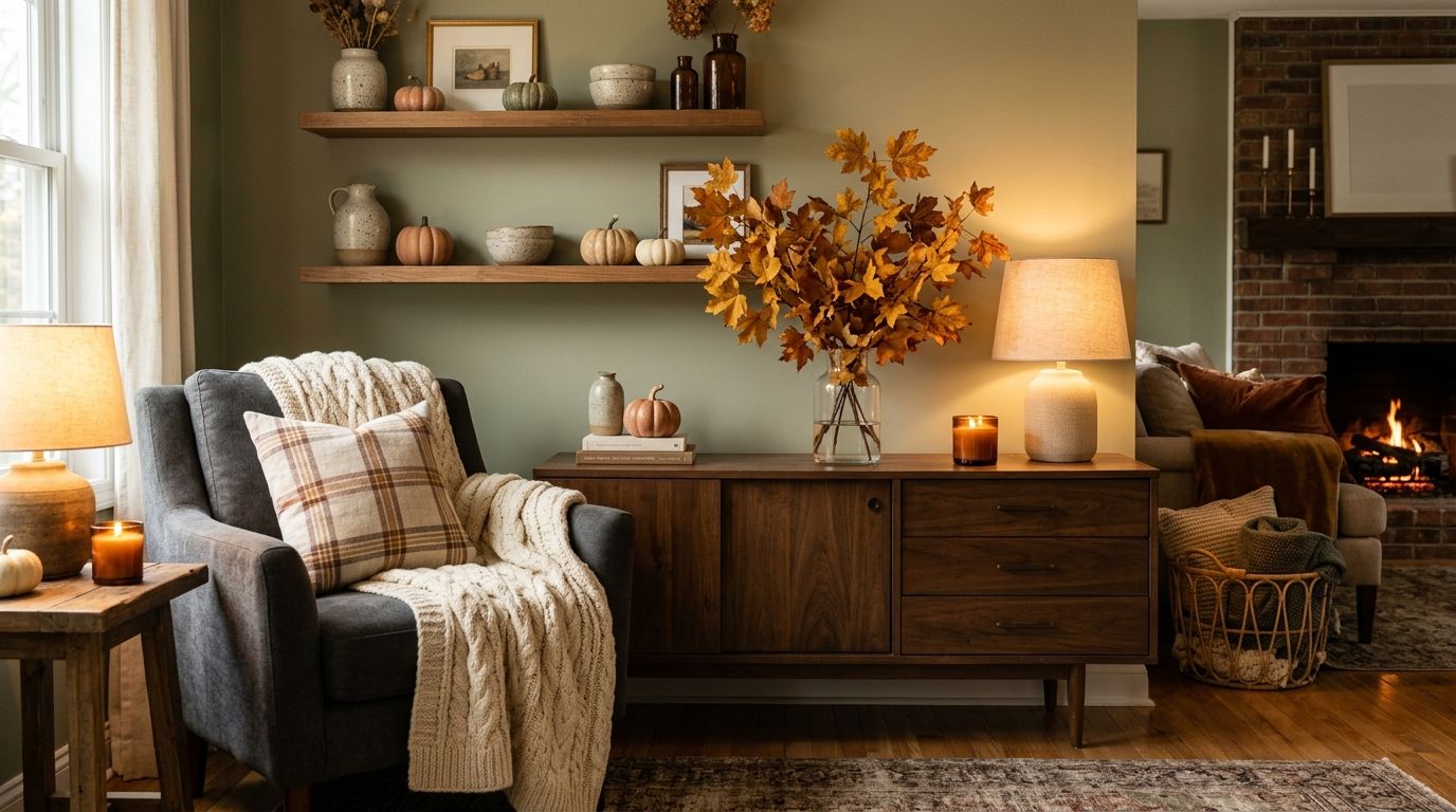 Cozy autumn-styled living room with seasonal accents, pumpkins, and warm ambient light