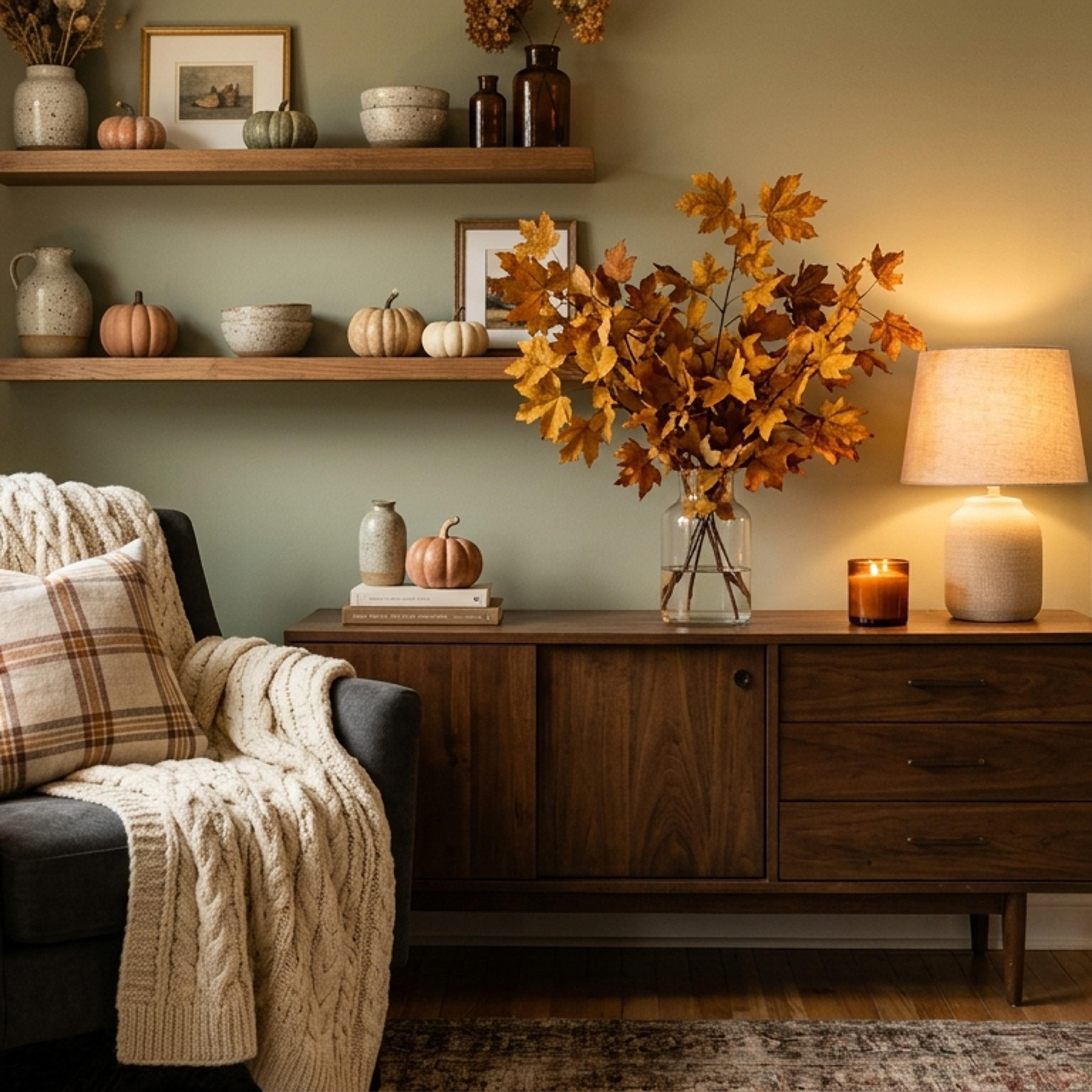 Cozy autumn-styled living room with seasonal accents, pumpkins, and warm ambient light