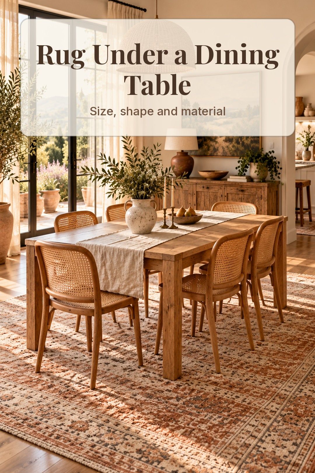 Dining table on a large faded rug