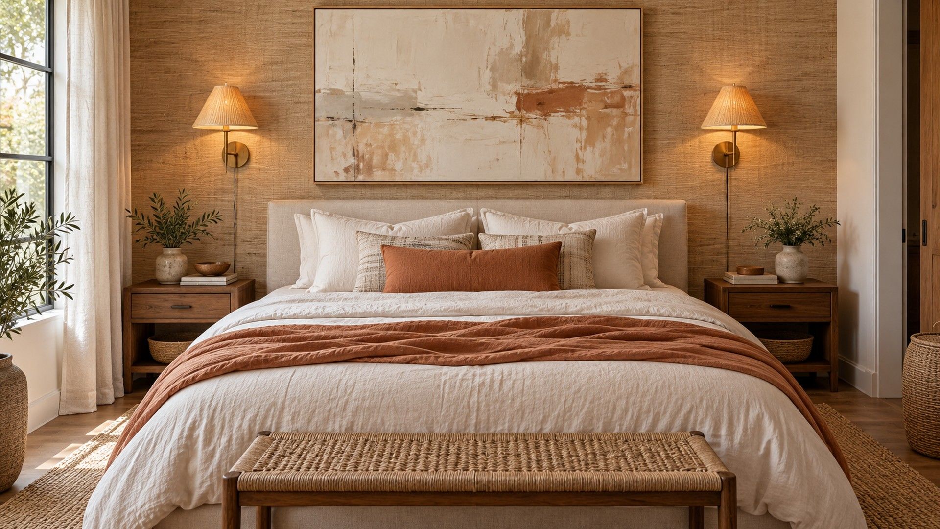 Large neutral canvas centered above a queen bed with a pair of warm wall sconces