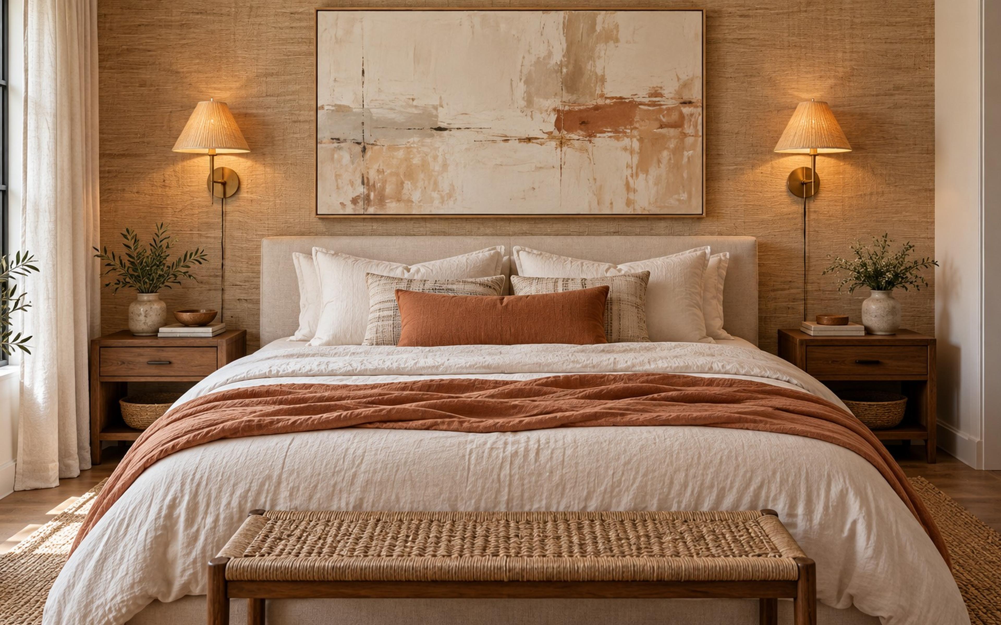 Large neutral canvas centered above a queen bed with a pair of warm wall sconces