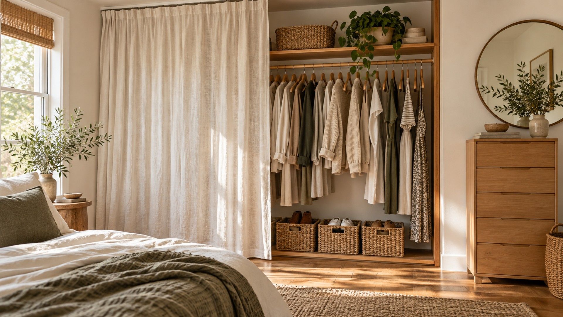 Bedroom corner closet zone with a wood clothing rack, linen curtain, woven baskets and a narrow dresser