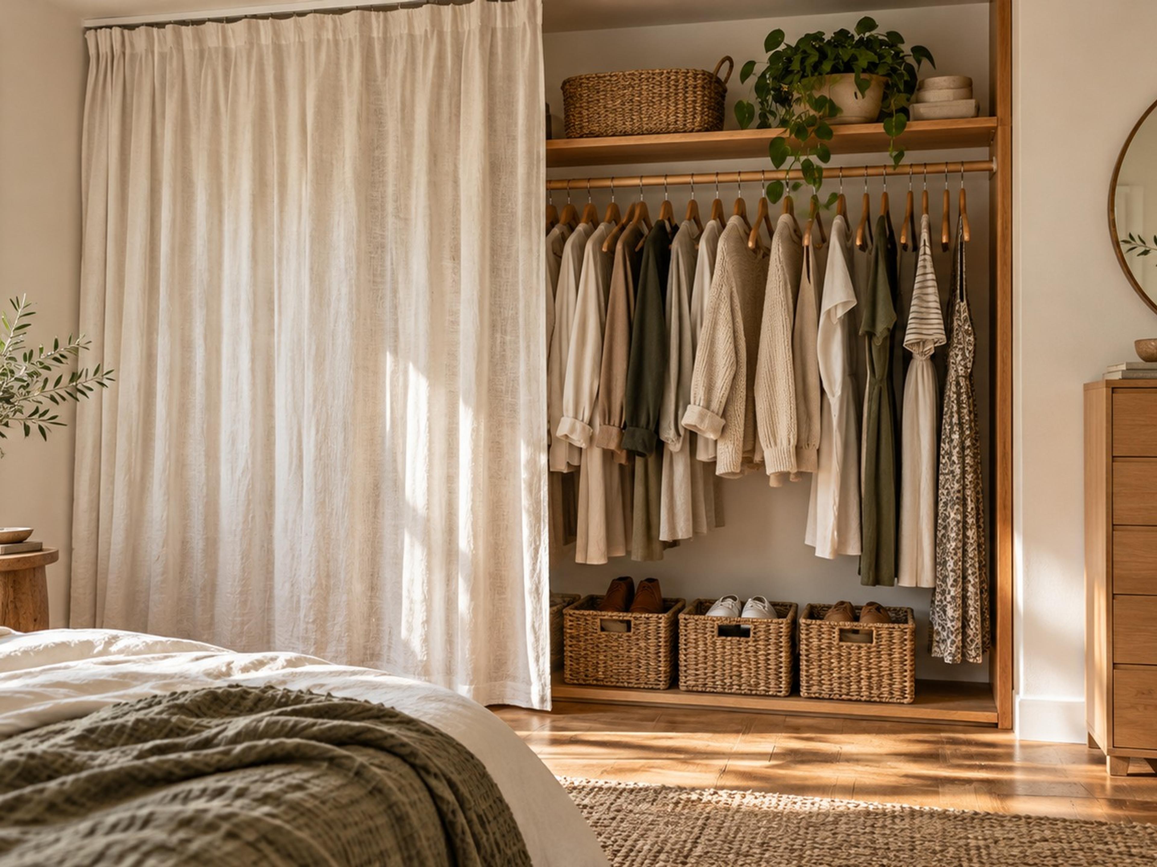 Bedroom corner closet zone with a wood clothing rack, linen curtain, woven baskets and a narrow dresser