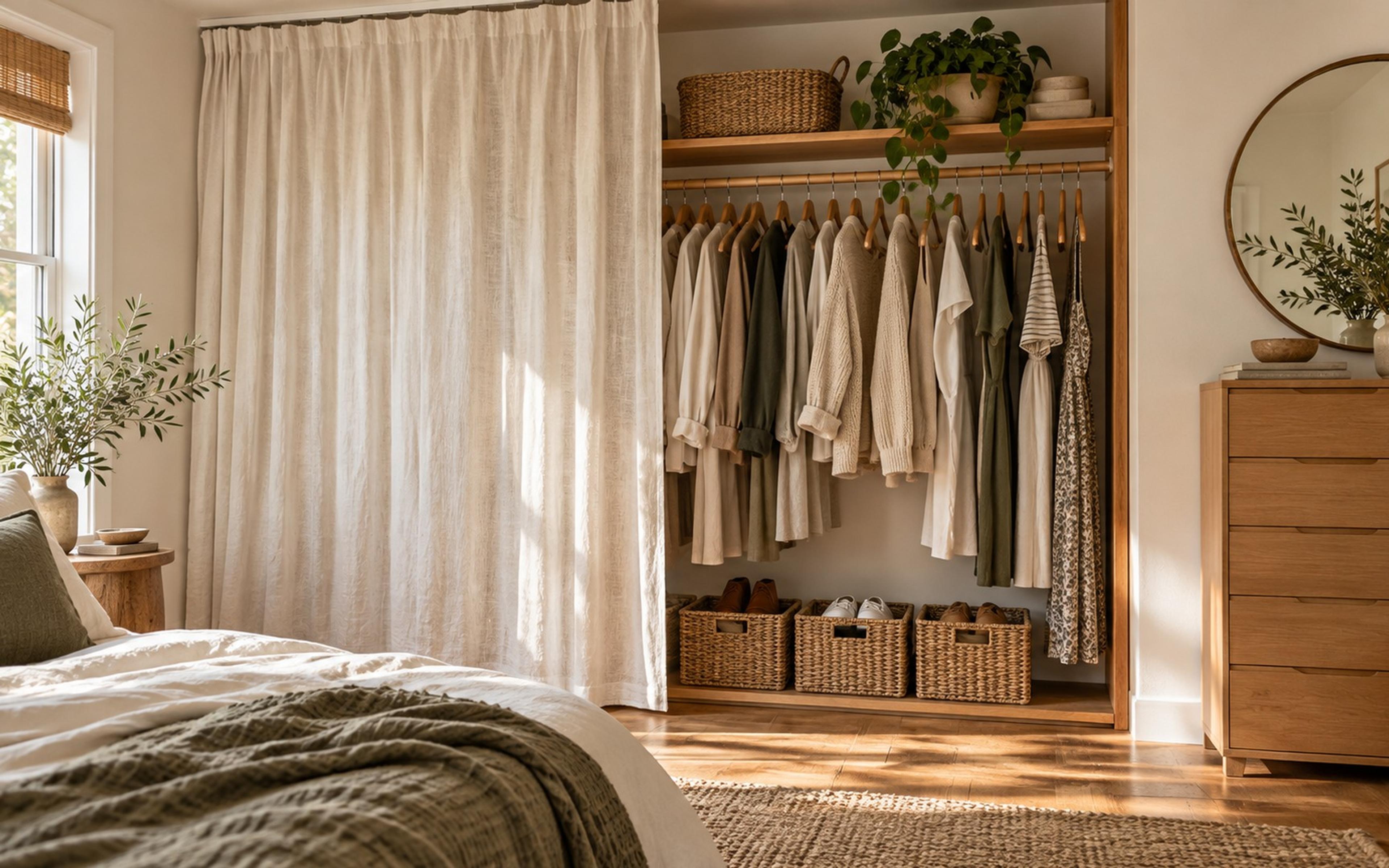 Bedroom corner closet zone with a wood clothing rack, linen curtain, woven baskets and a narrow dresser