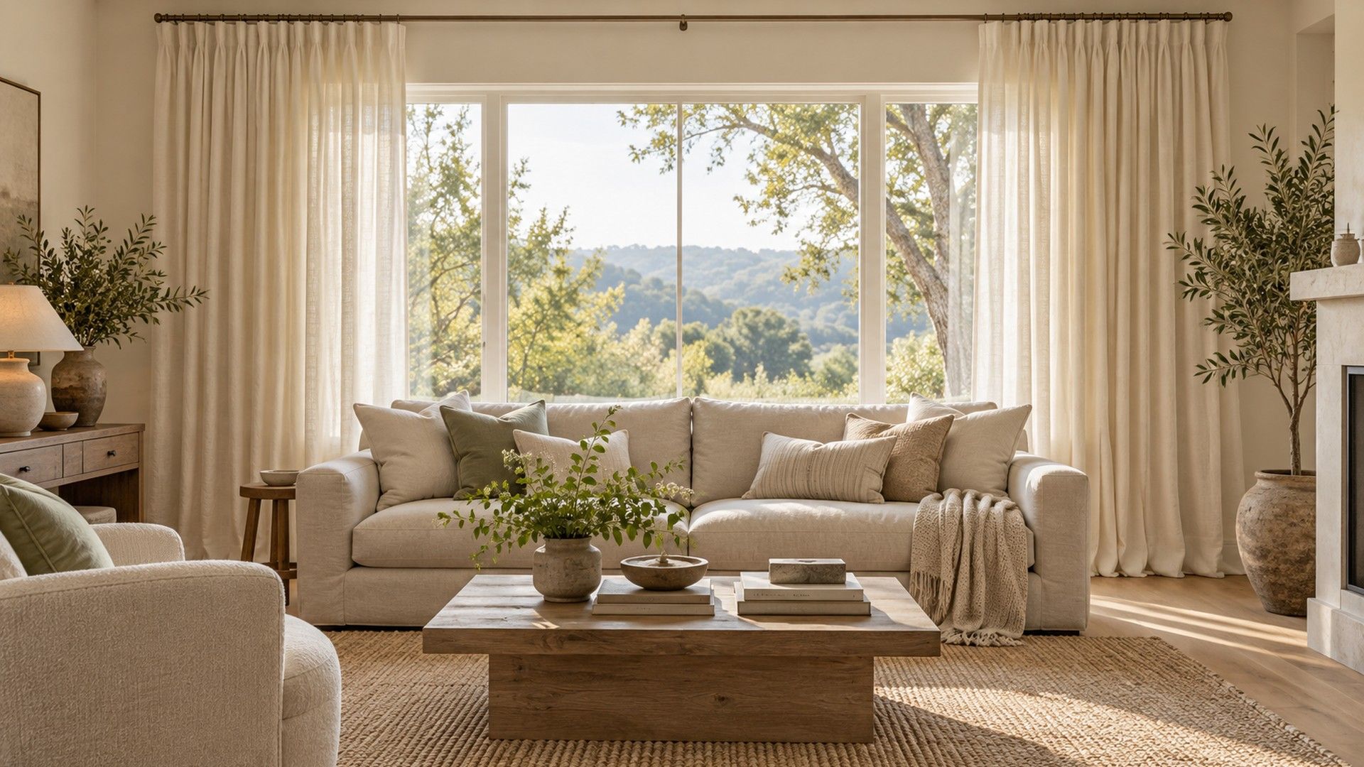 Ivory linen curtains hung high and wide on a living room window, floor length