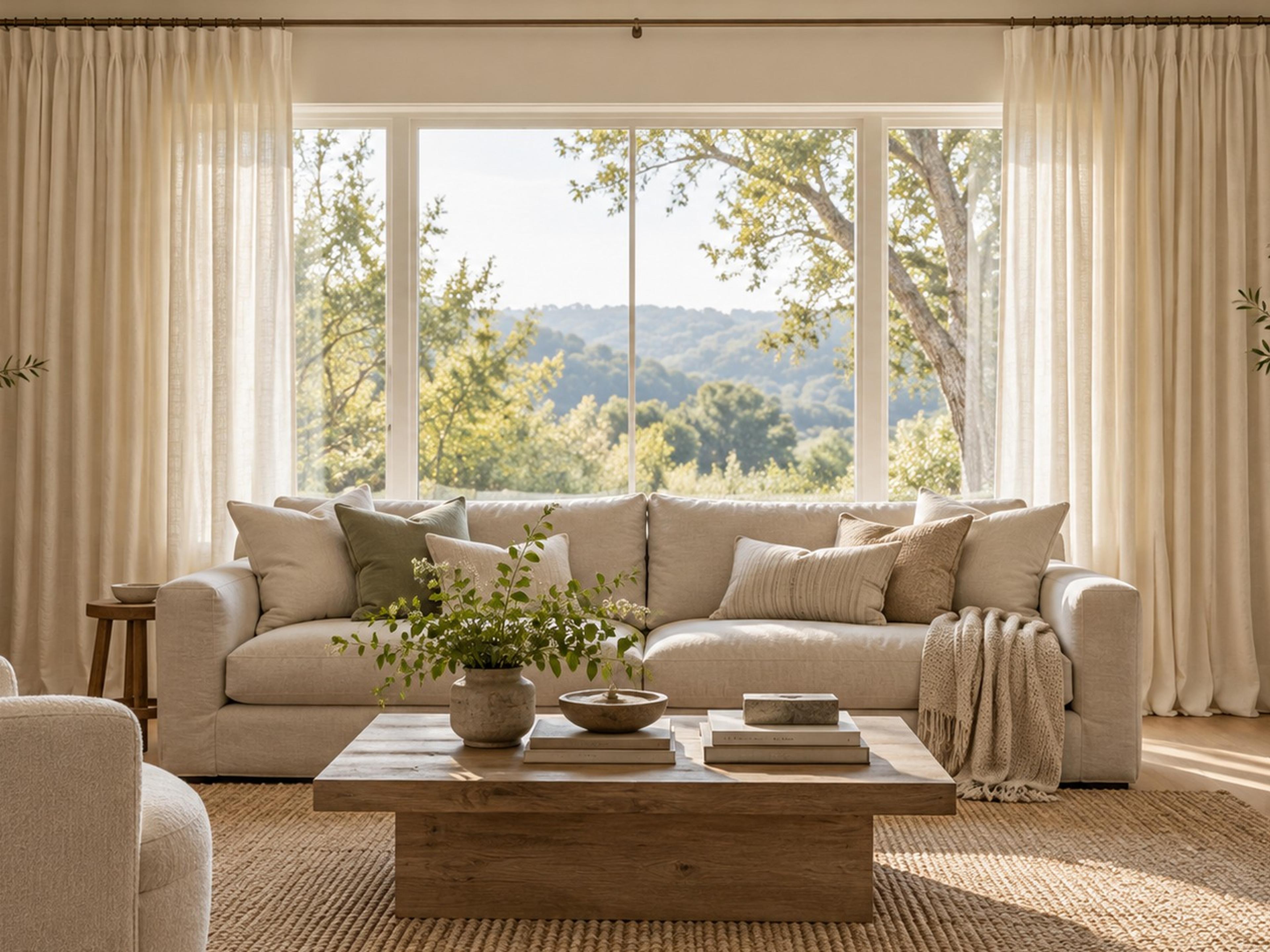 Ivory linen curtains hung high and wide on a living room window, floor length