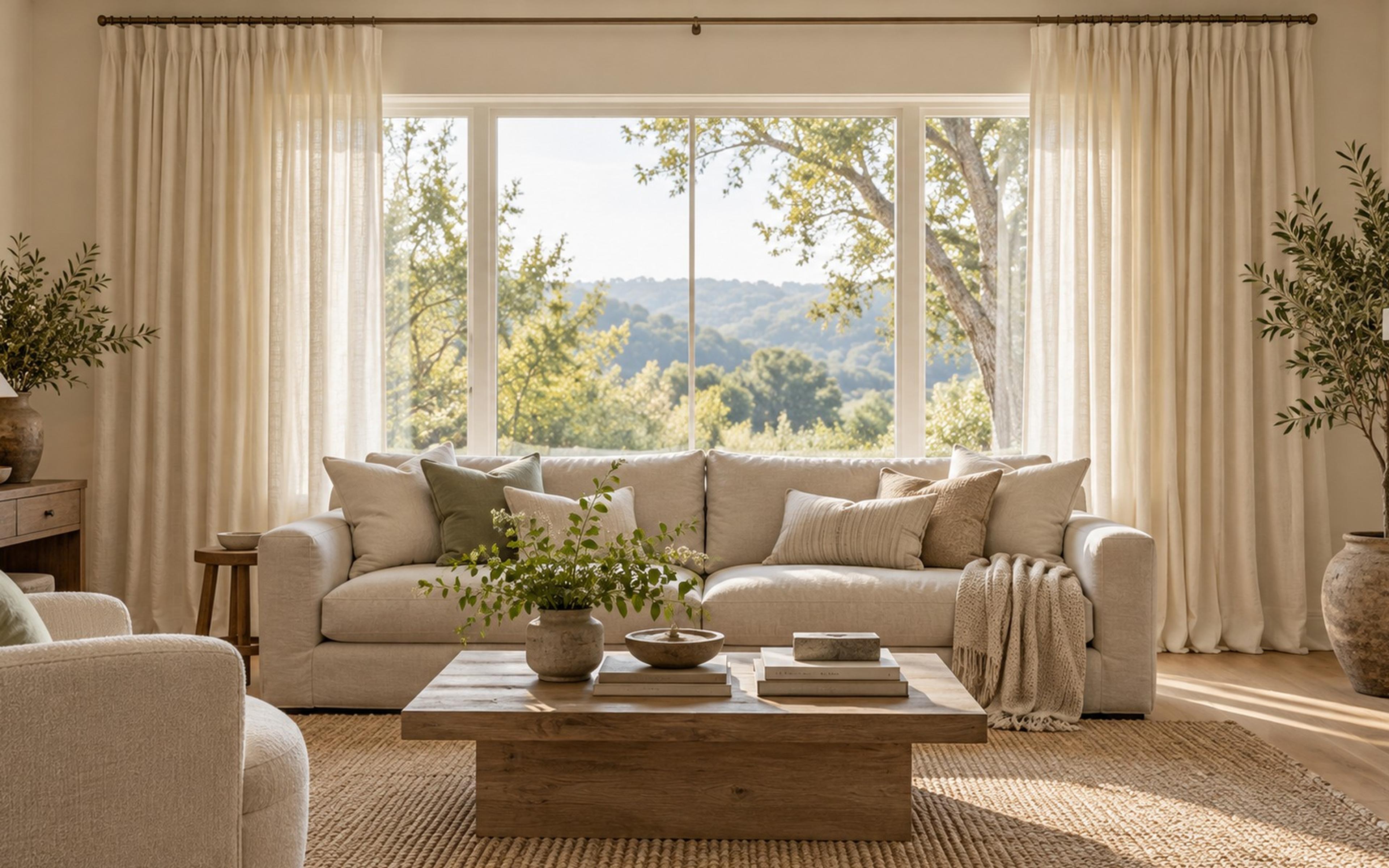 Ivory linen curtains hung high and wide on a living room window, floor length