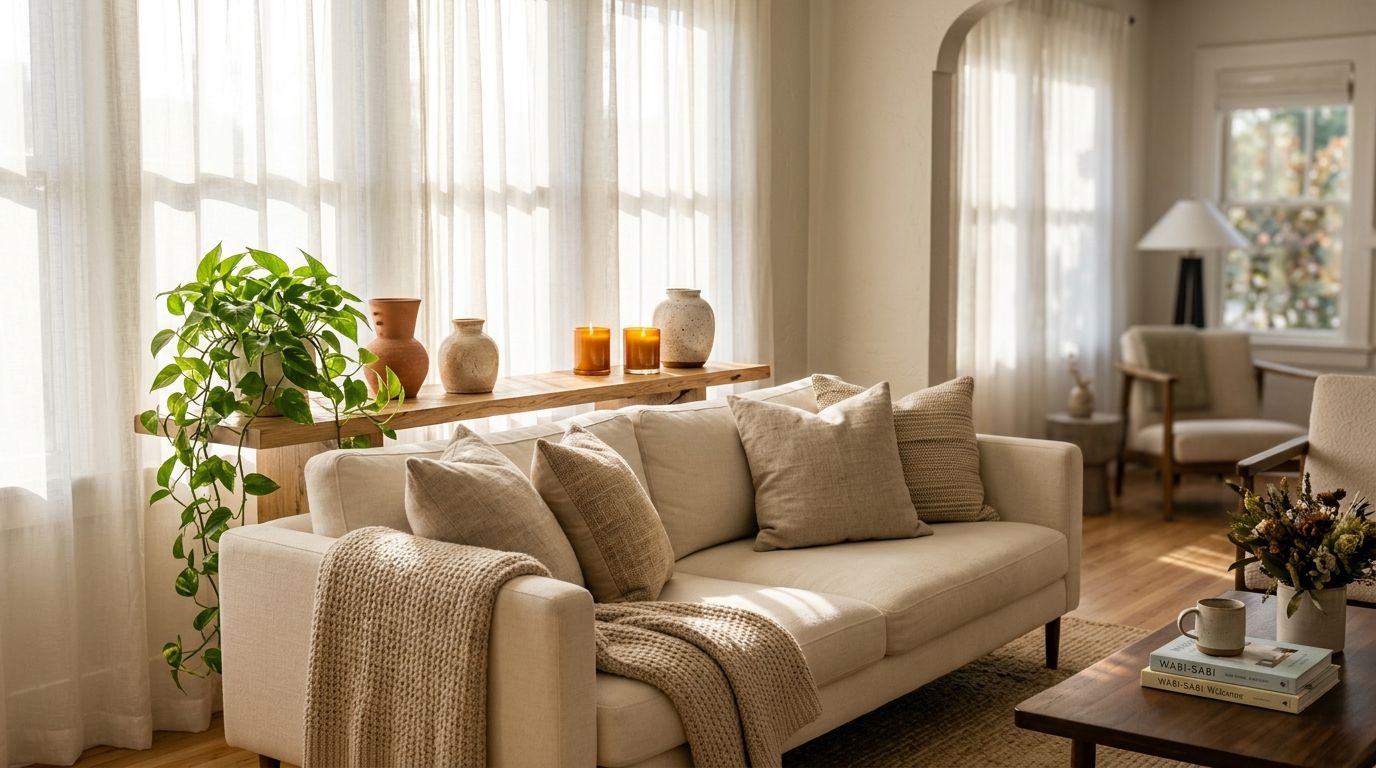 Cozy sunlit living room with warm neutrals, plush sofa, trailing plants, and candles