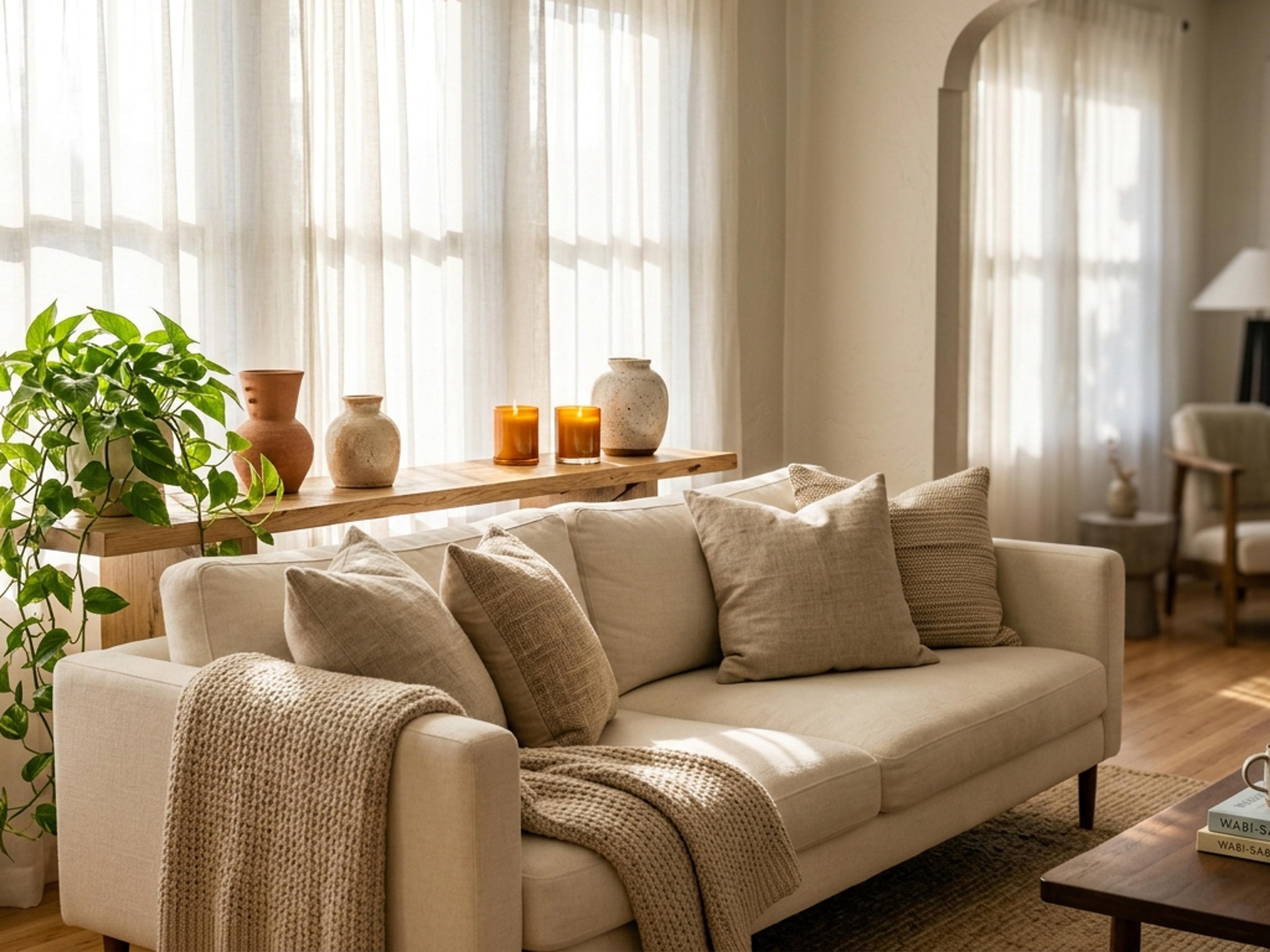 Warm cozy living room with plush sofa, throw blanket, and ambient lighting