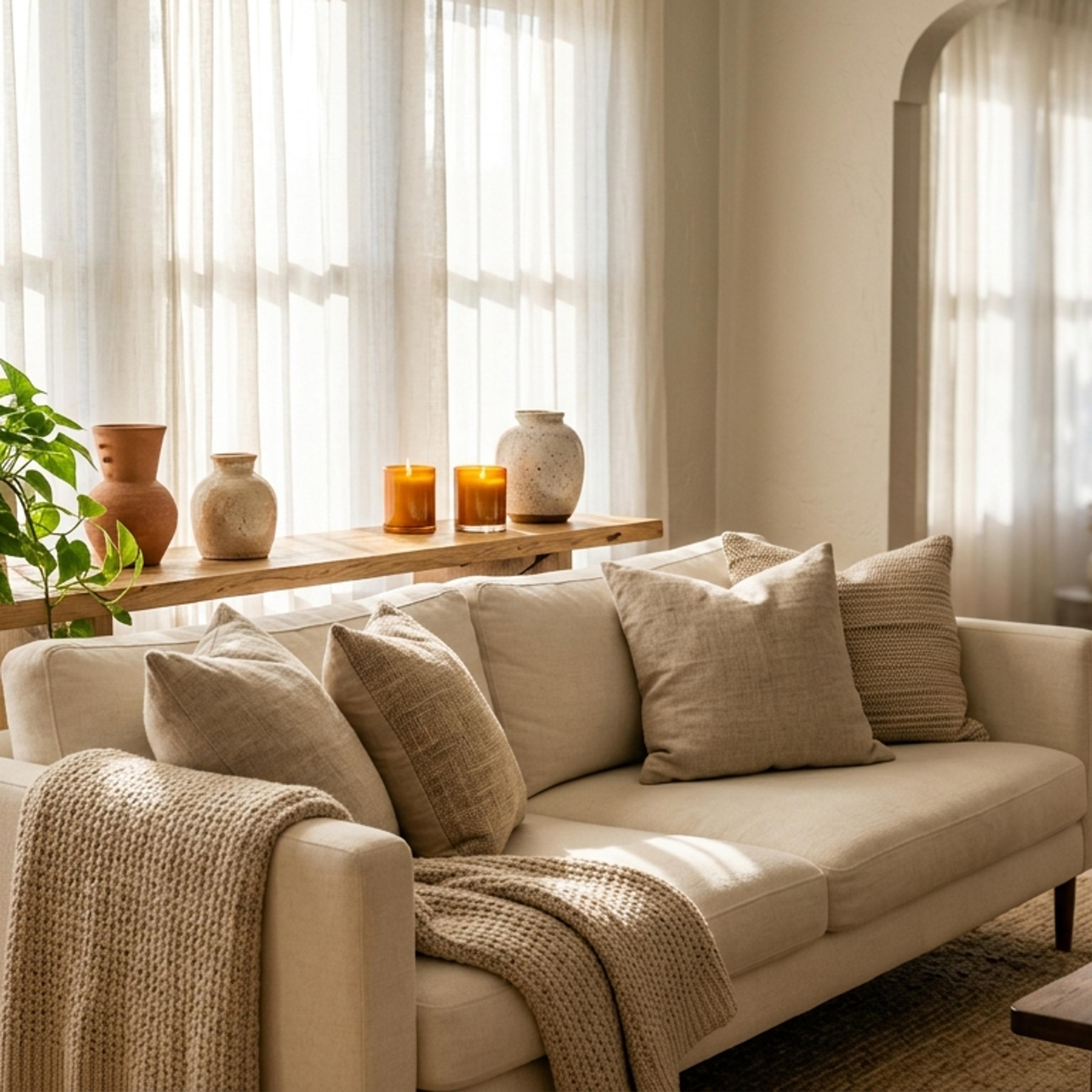 Cozy sunlit living room with warm neutrals, plush sofa, trailing plants, and candles