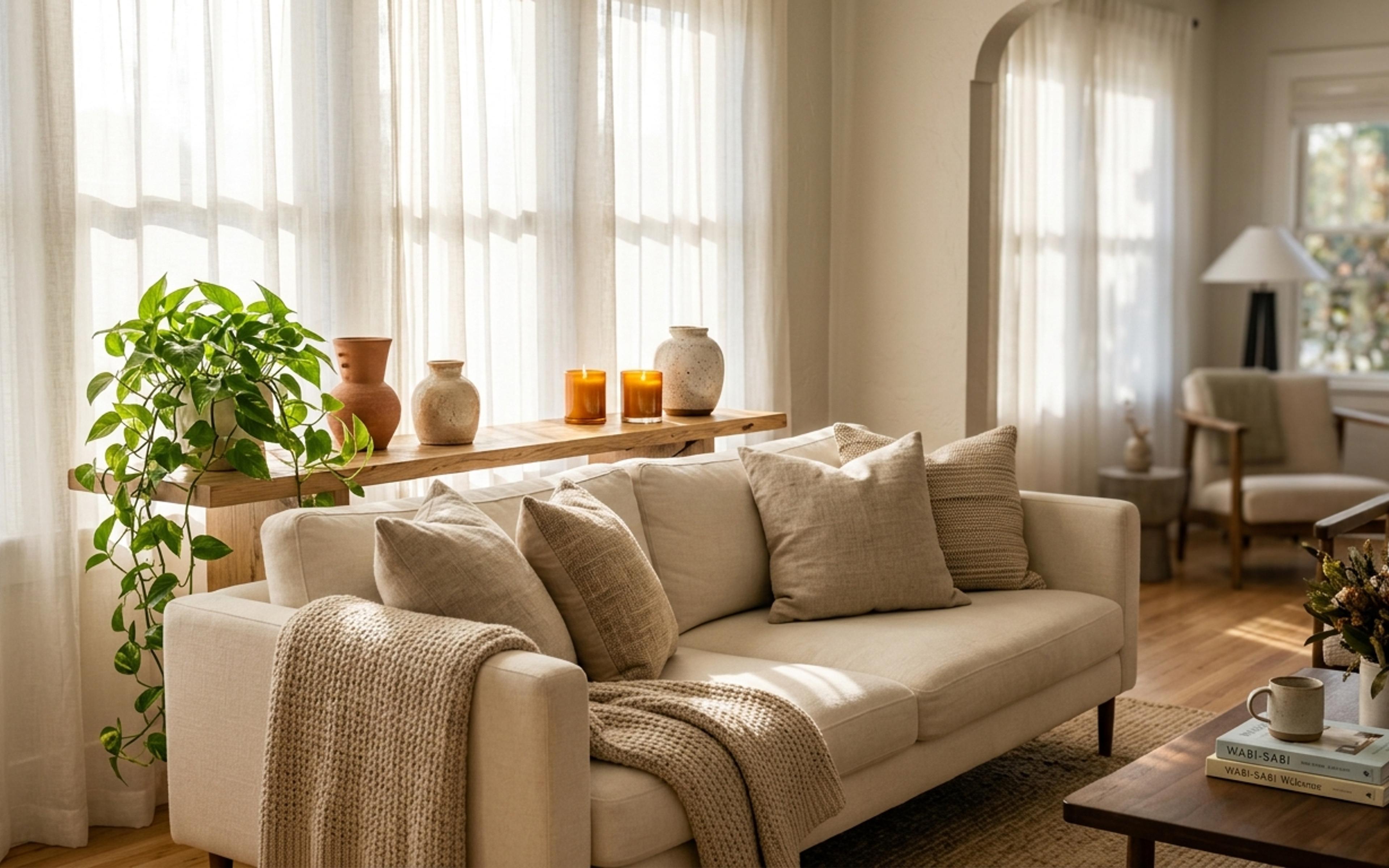 Warm cozy living room with plush sofa, throw blanket, and ambient lighting