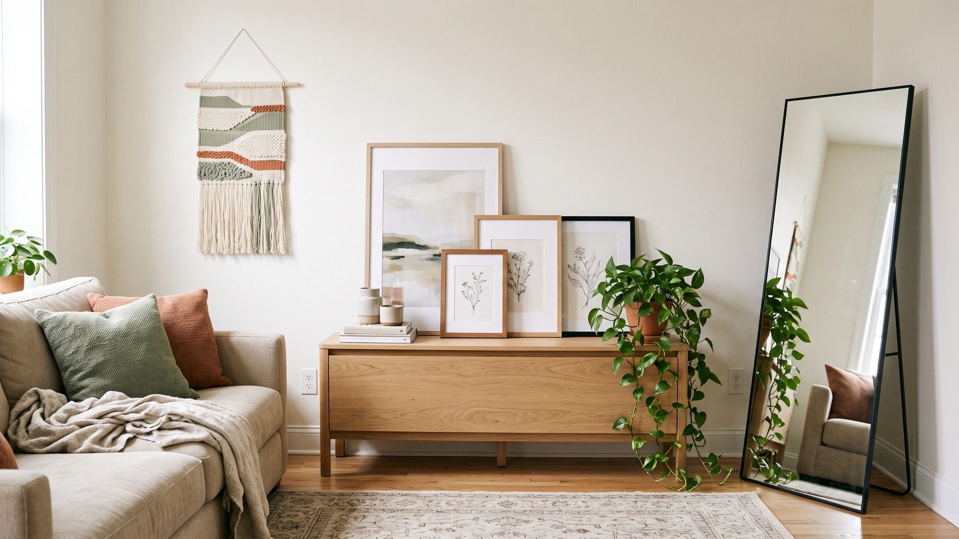 Apartment living room with framed art leaning on a console, a floor mirror and a woven wall hanging