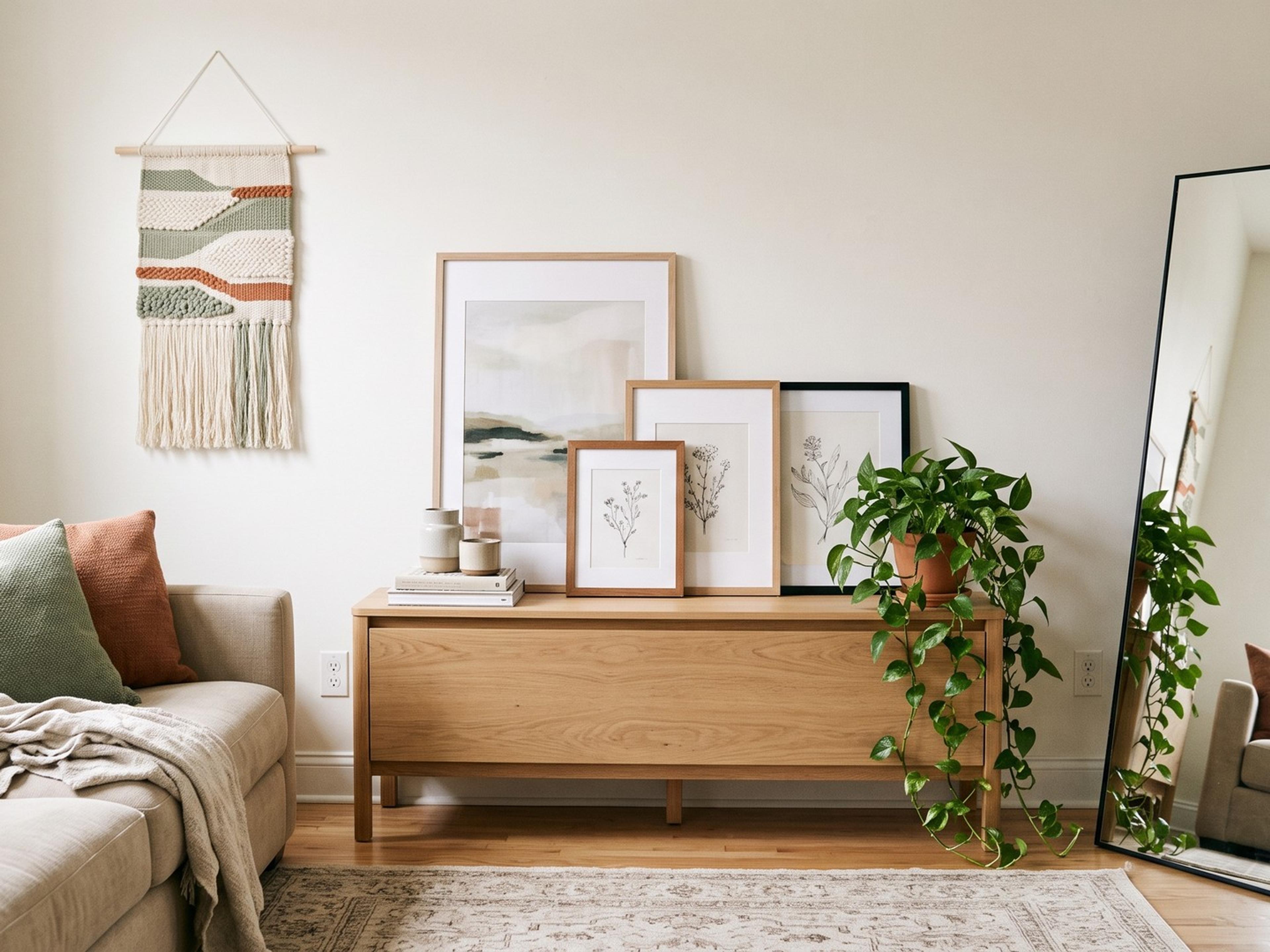 Apartment living room with framed art leaning on a console, a floor mirror and a woven wall hanging