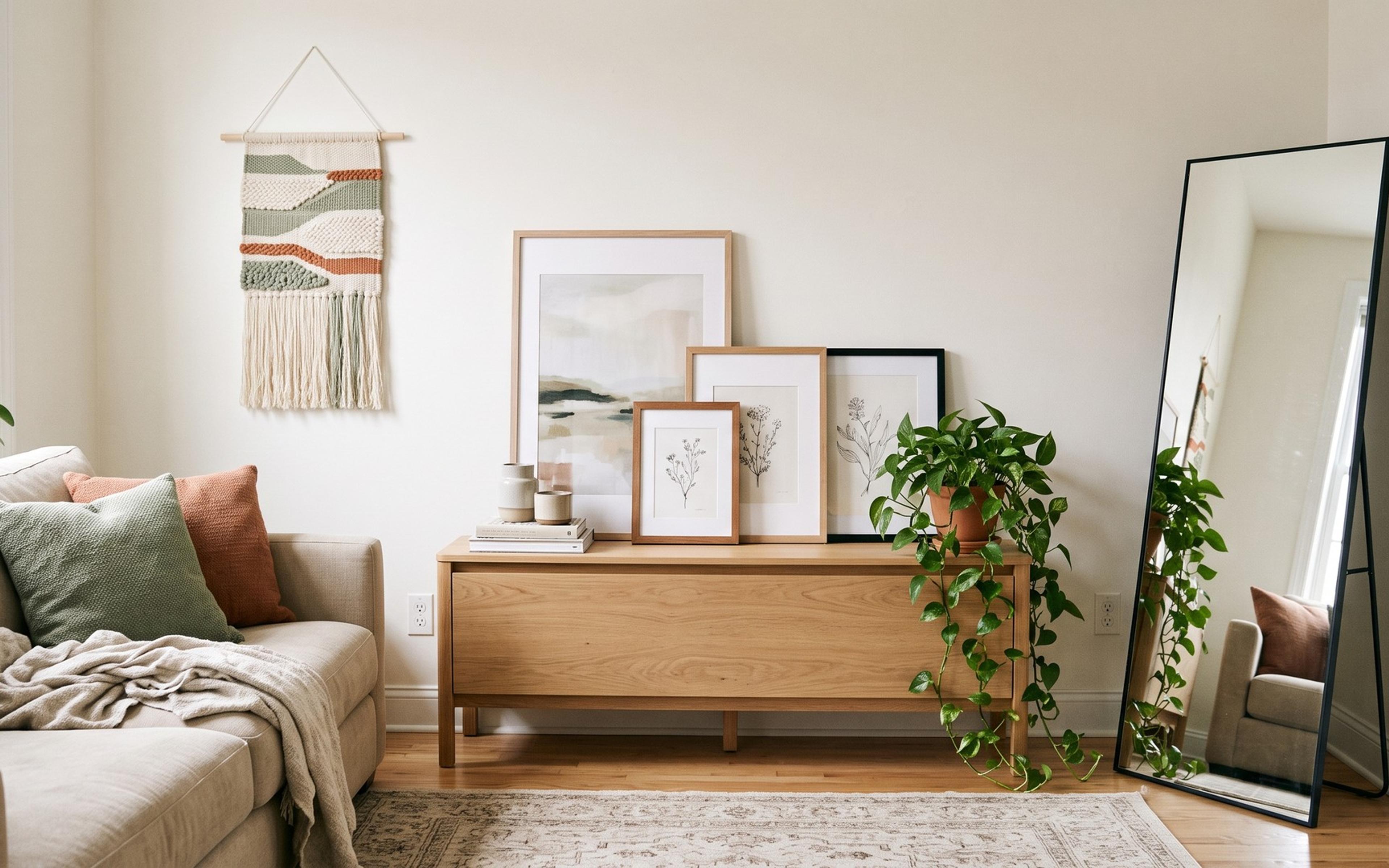 Apartment living room with framed art leaning on a console, a floor mirror and a woven wall hanging