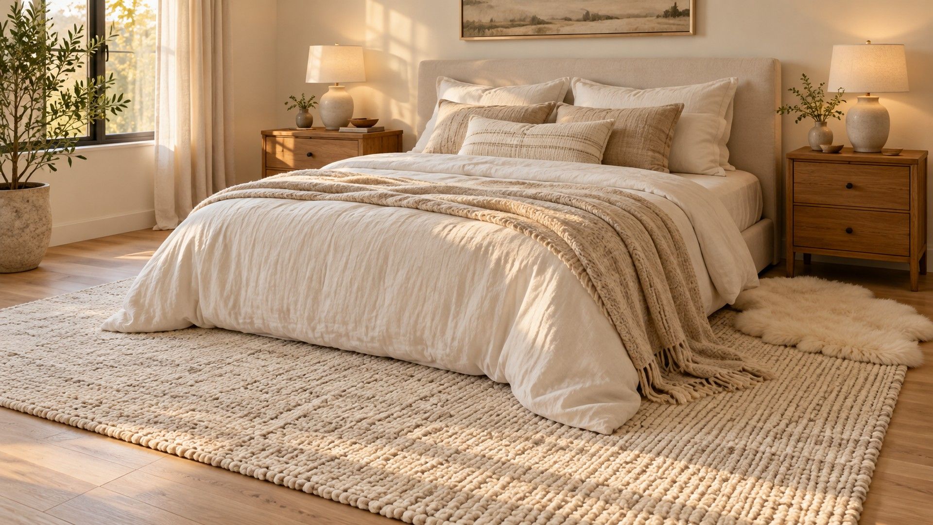 Queen bed on a large cream rug covering the lower two-thirds, with a small layered rug at one side