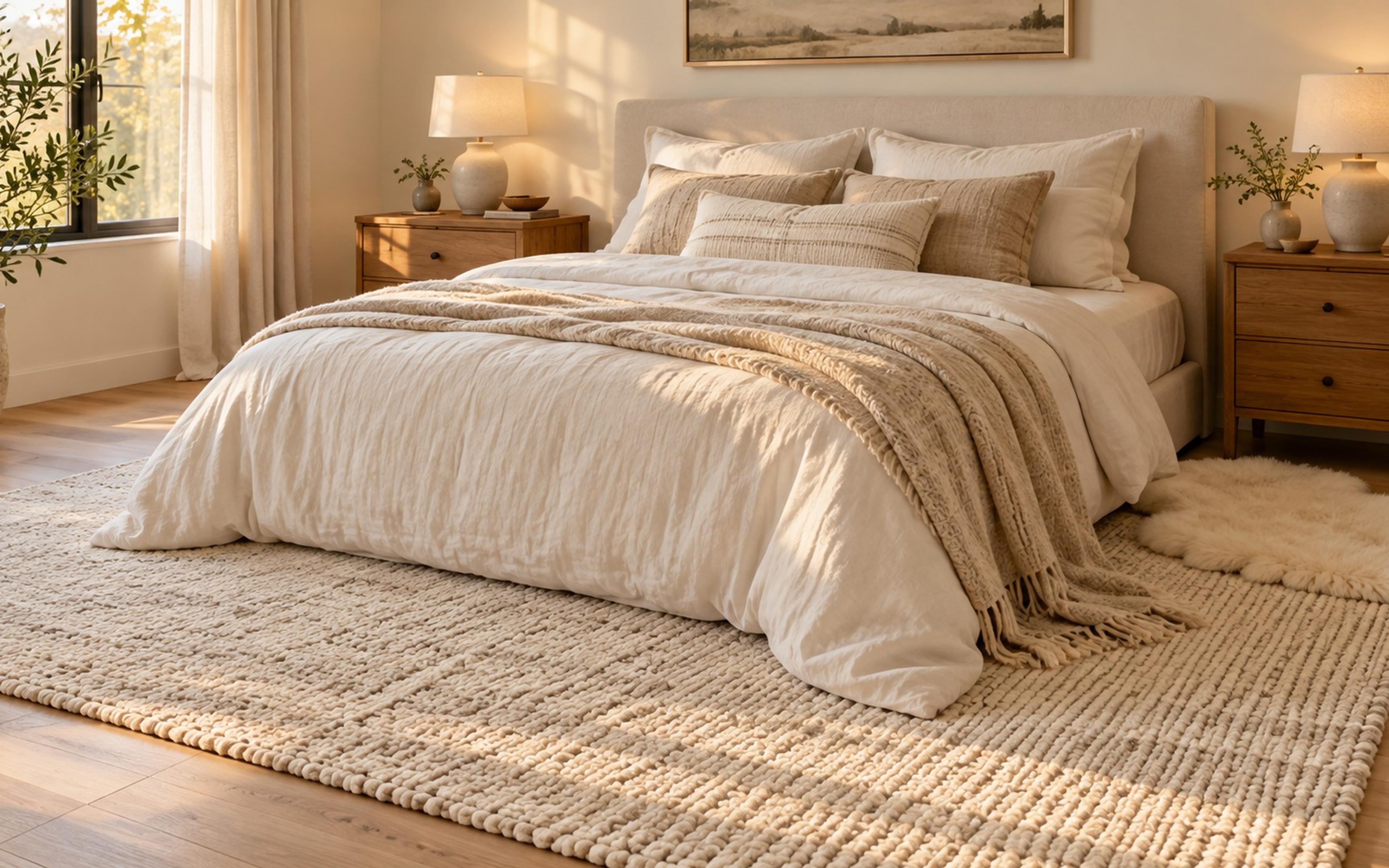 Queen bed on a large cream rug covering the lower two-thirds, with a small layered rug at one side