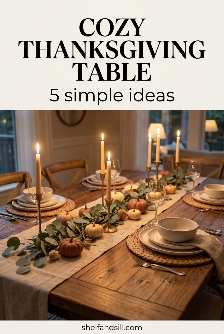 Wooden Thanksgiving table with a linen runner, brass taper candles, eucalyptus, small pumpkins and round woven placemats