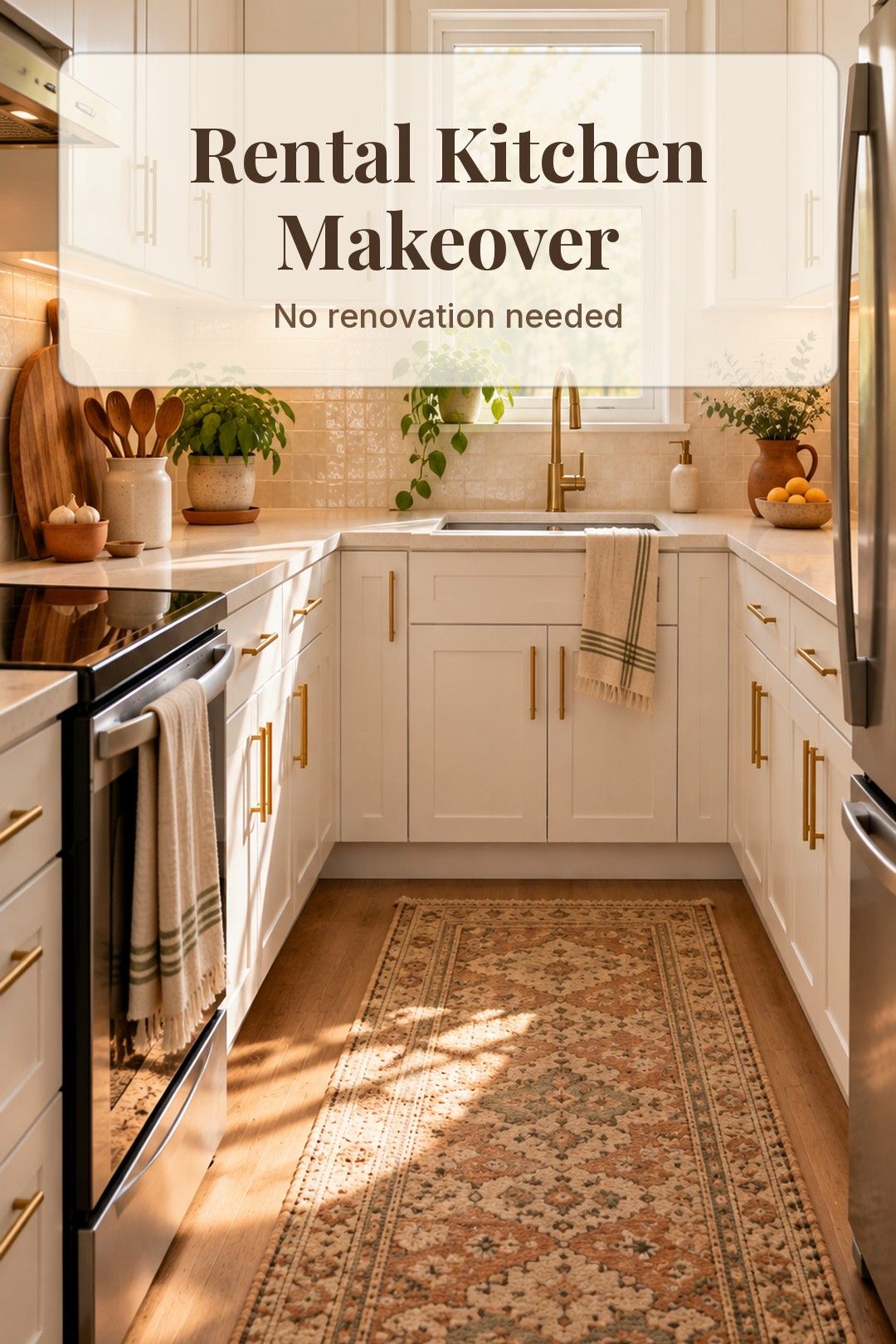 Updated rental kitchen with brass pulls and cream backsplash
