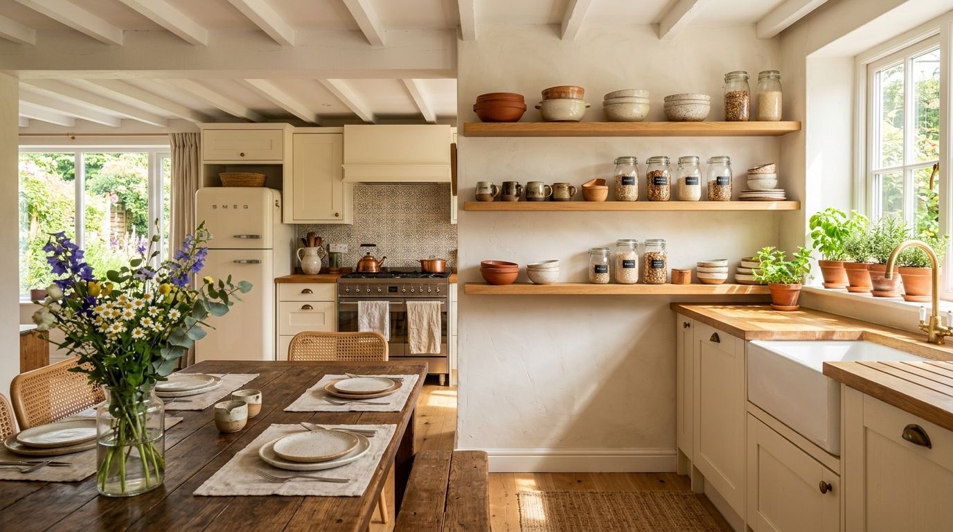 Bright open-plan kitchen and dining area with open wooden shelving and ceramic dishes