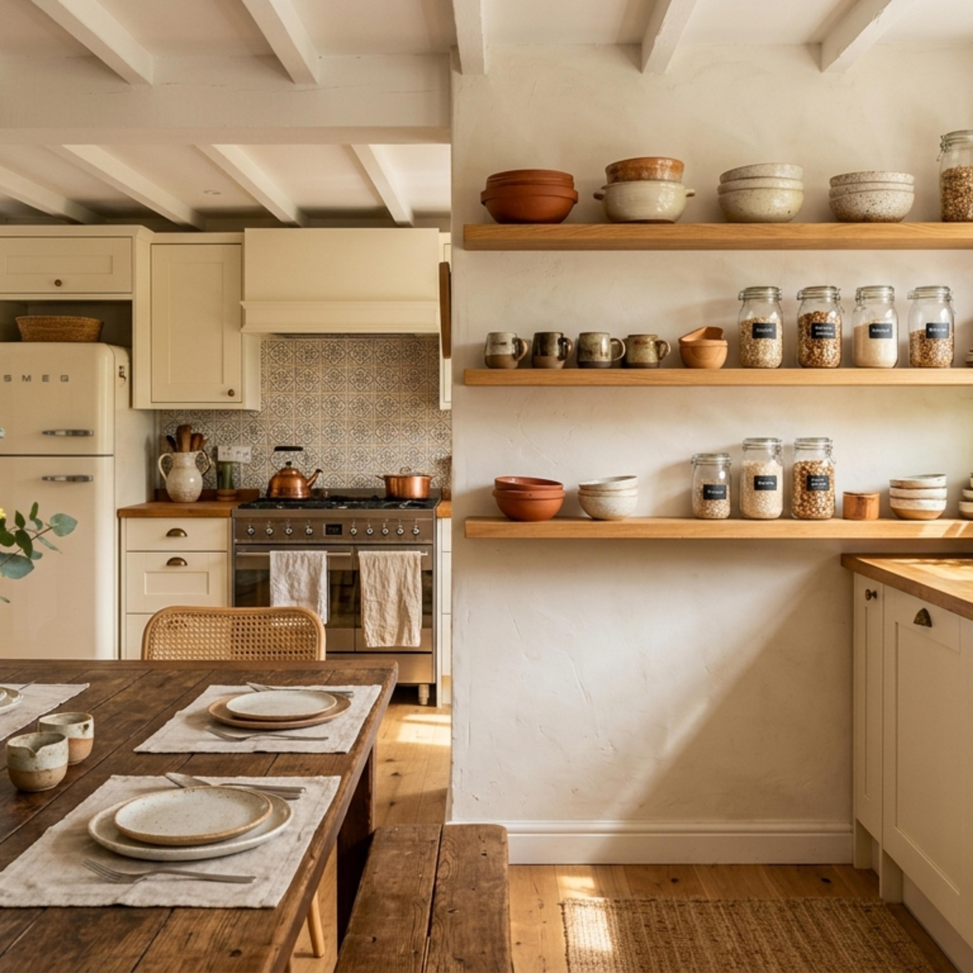 Bright open-plan kitchen and dining area with open wooden shelving and ceramic dishes