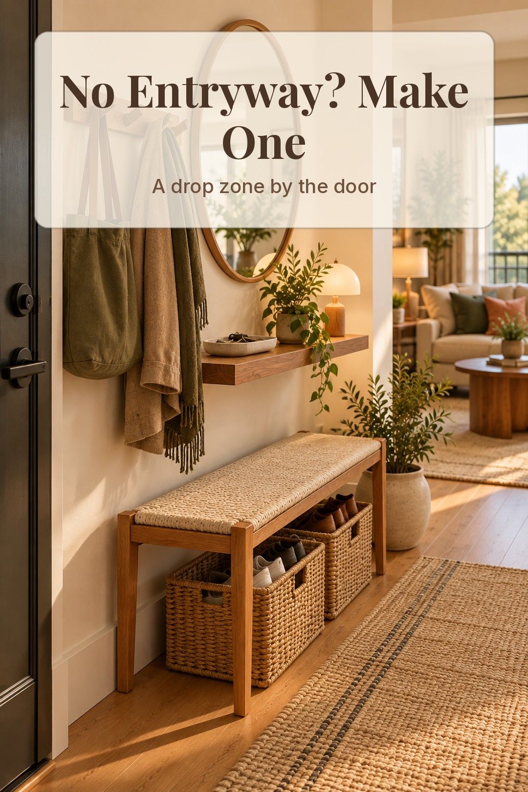 Drop zone by an apartment door with hooks and a bench