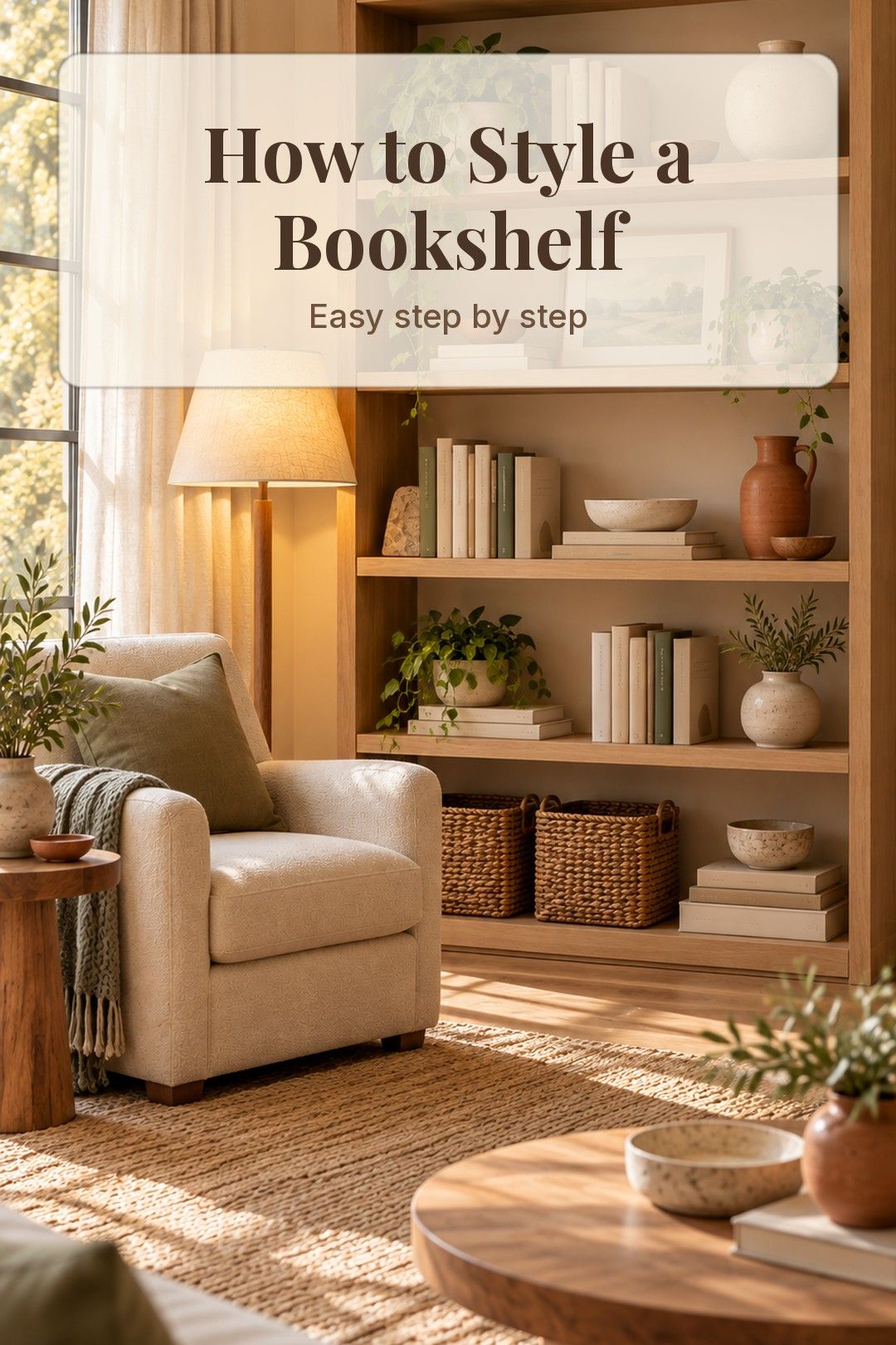 Styled light wood bookcase with ceramics and plants