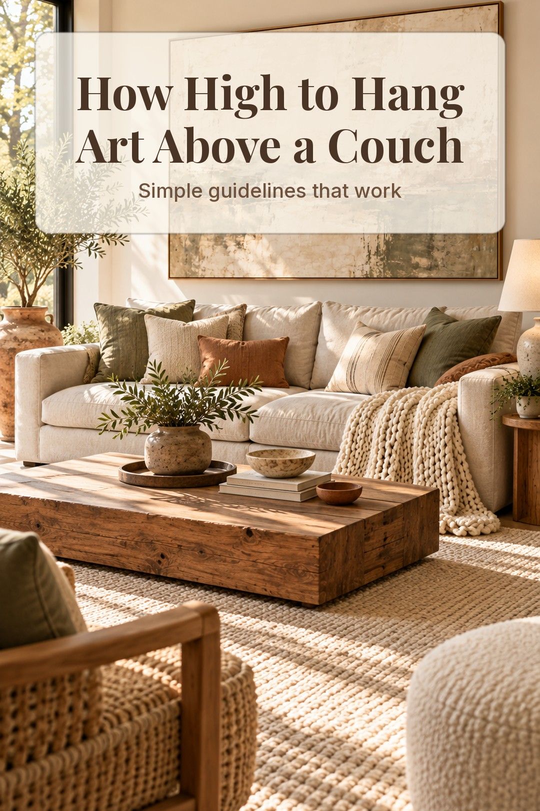 Canvas hung just above an oat sofa