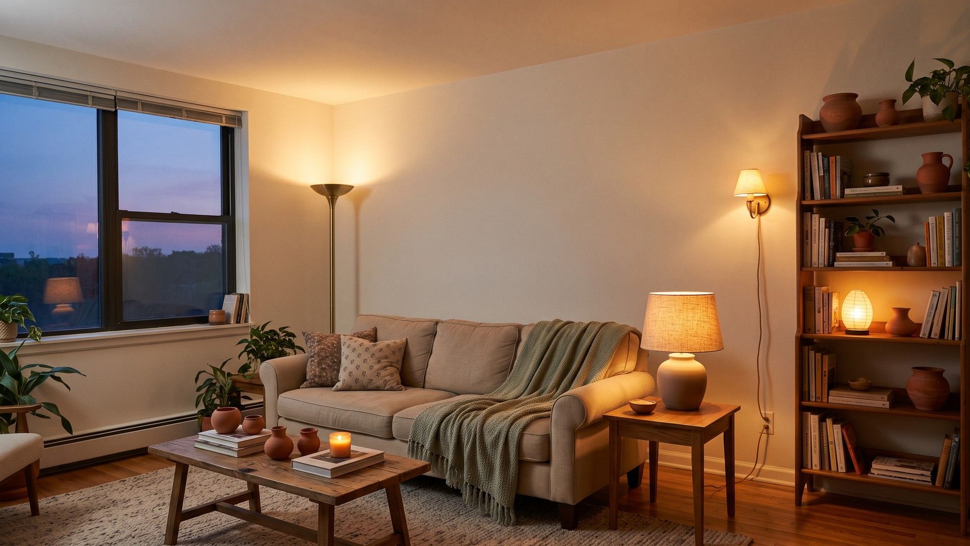 Apartment living room at dusk lit by a floor lamp, table lamp and wall sconce, with no ceiling light