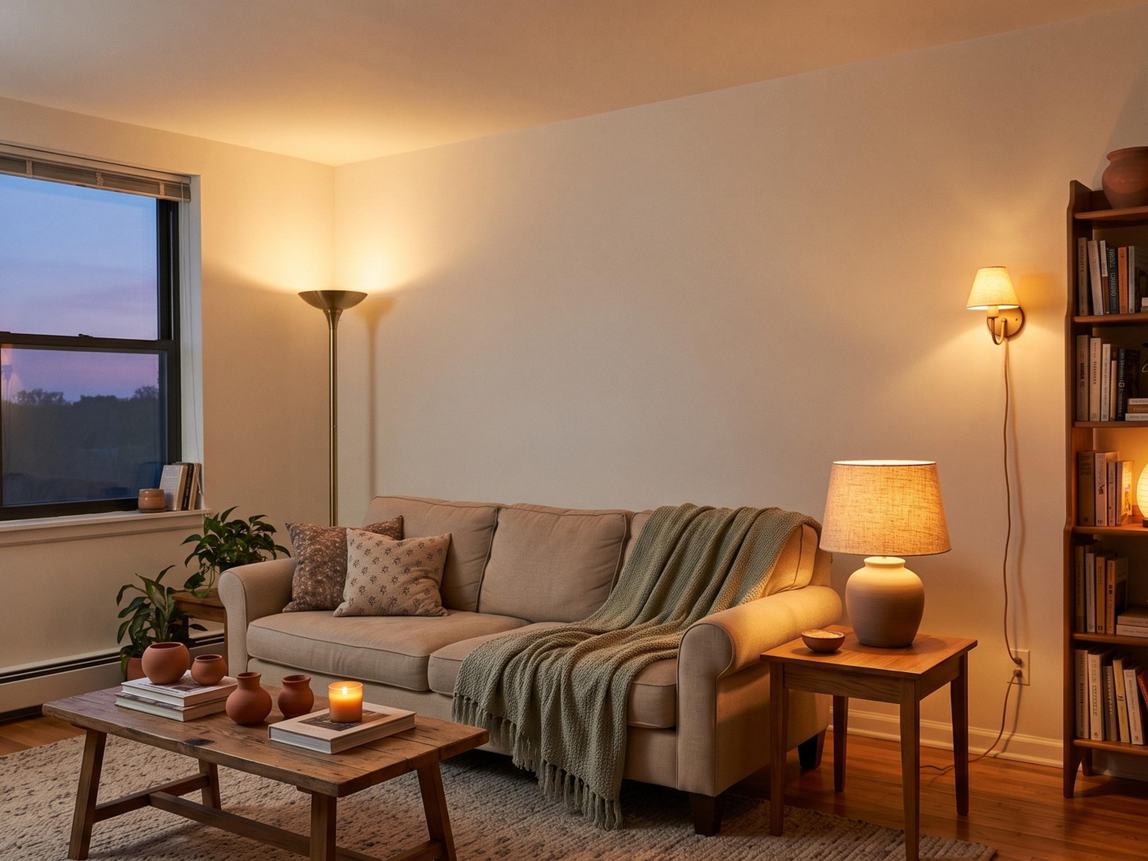 Apartment living room at dusk lit by a floor lamp, table lamp and wall sconce, with no ceiling light