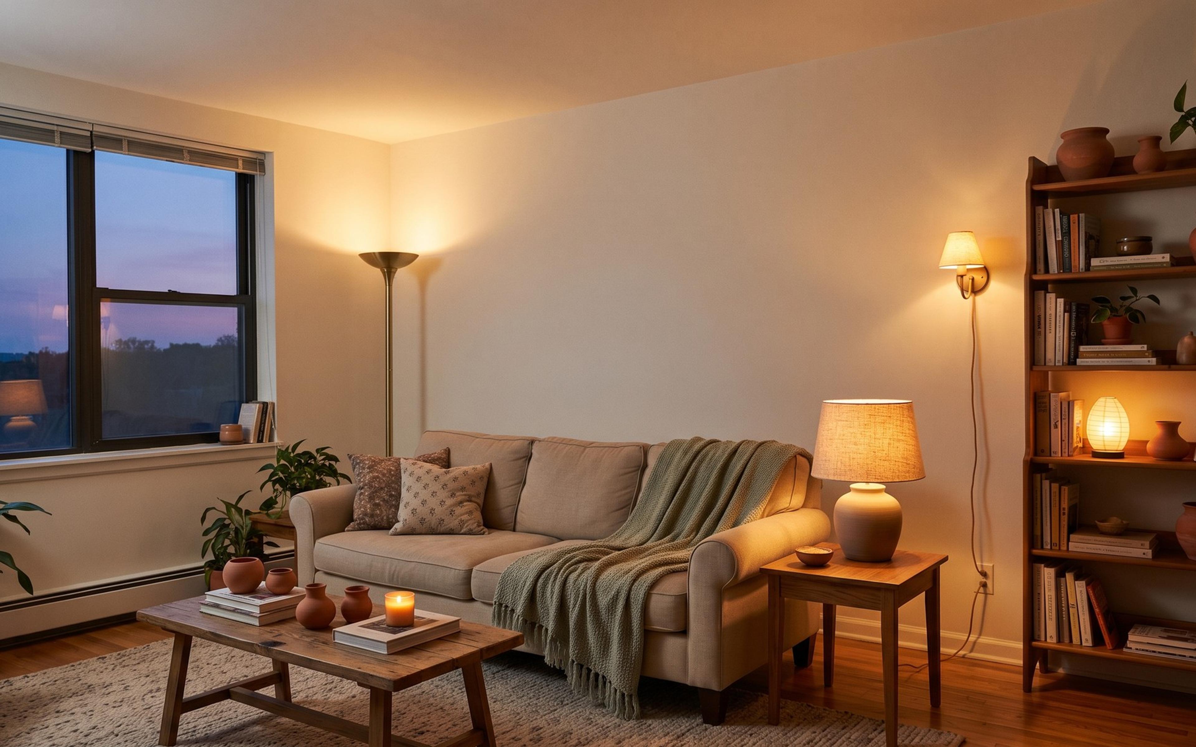 Apartment living room at dusk lit by a floor lamp, table lamp and wall sconce, with no ceiling light