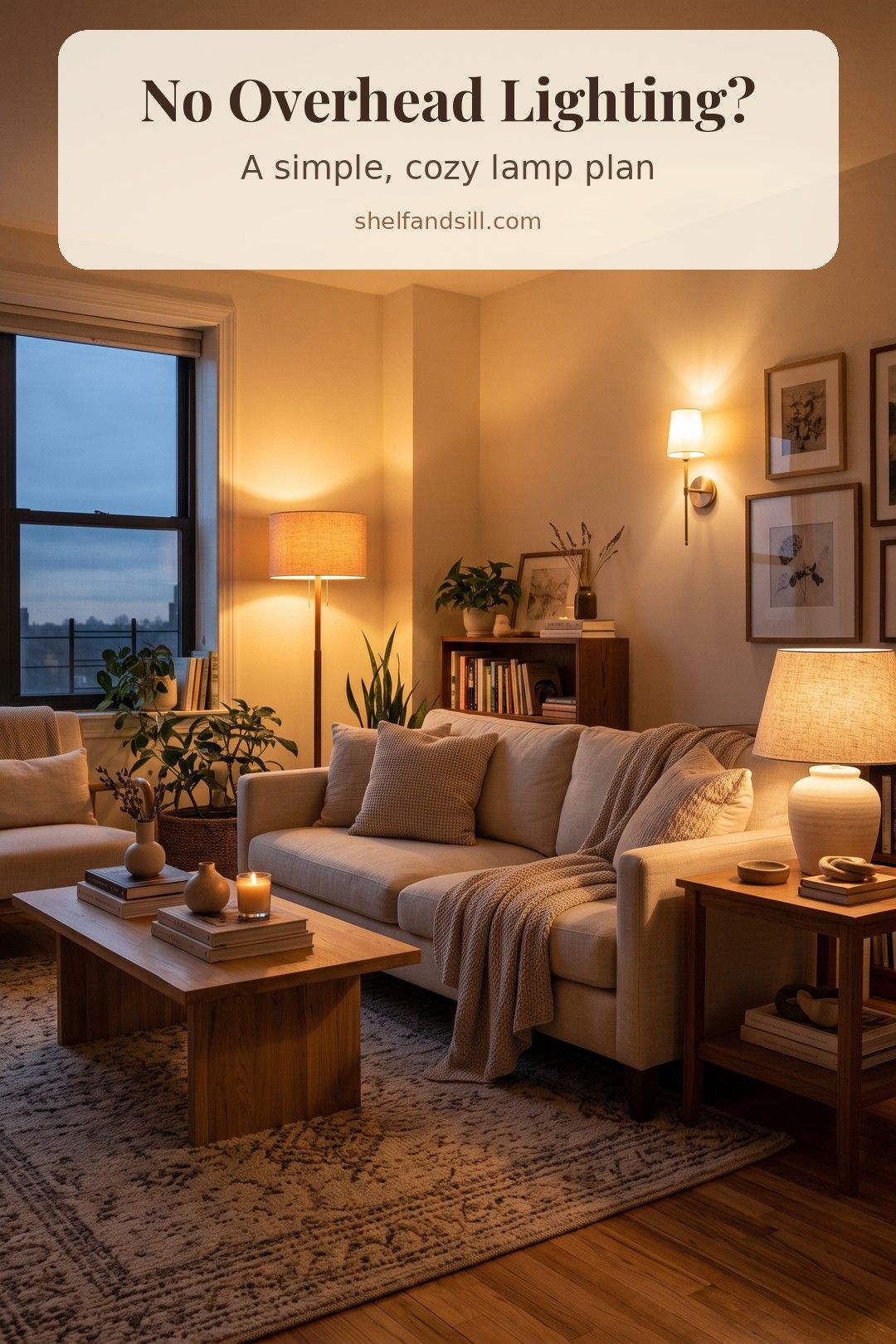 Living room lit by lamps with no ceiling light