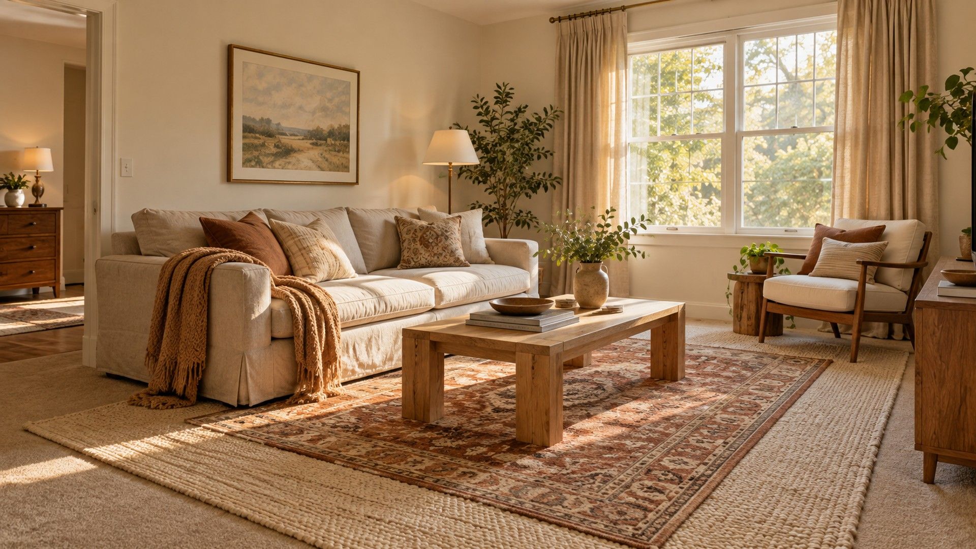 Rental living room with beige carpet covered by a large cream rug and a layered patterned rug