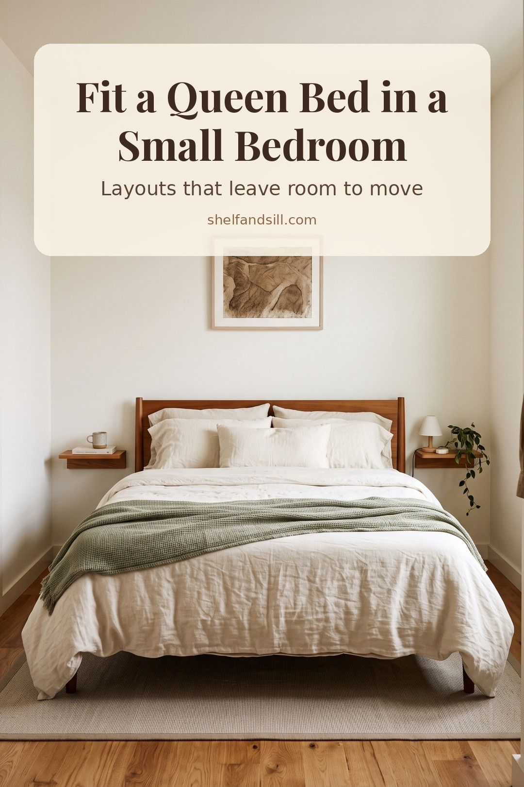 Small bedroom with a queen bed and clear walkways