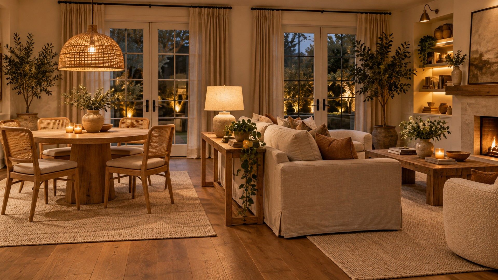 Small living dining combo with a sofa back toward a round table and separate rugs for each zone