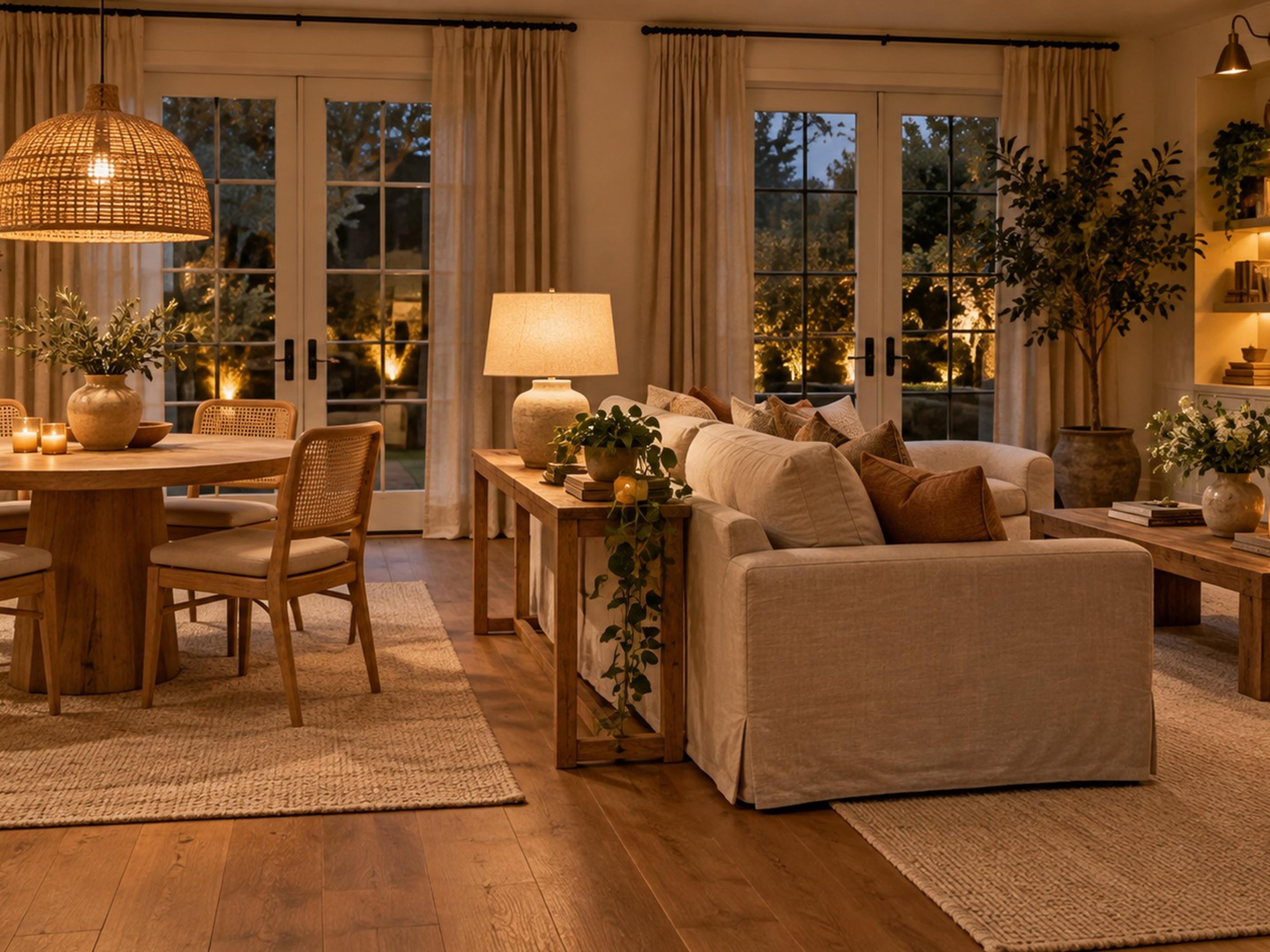 Small living dining combo with a sofa back toward a round table and separate rugs for each zone