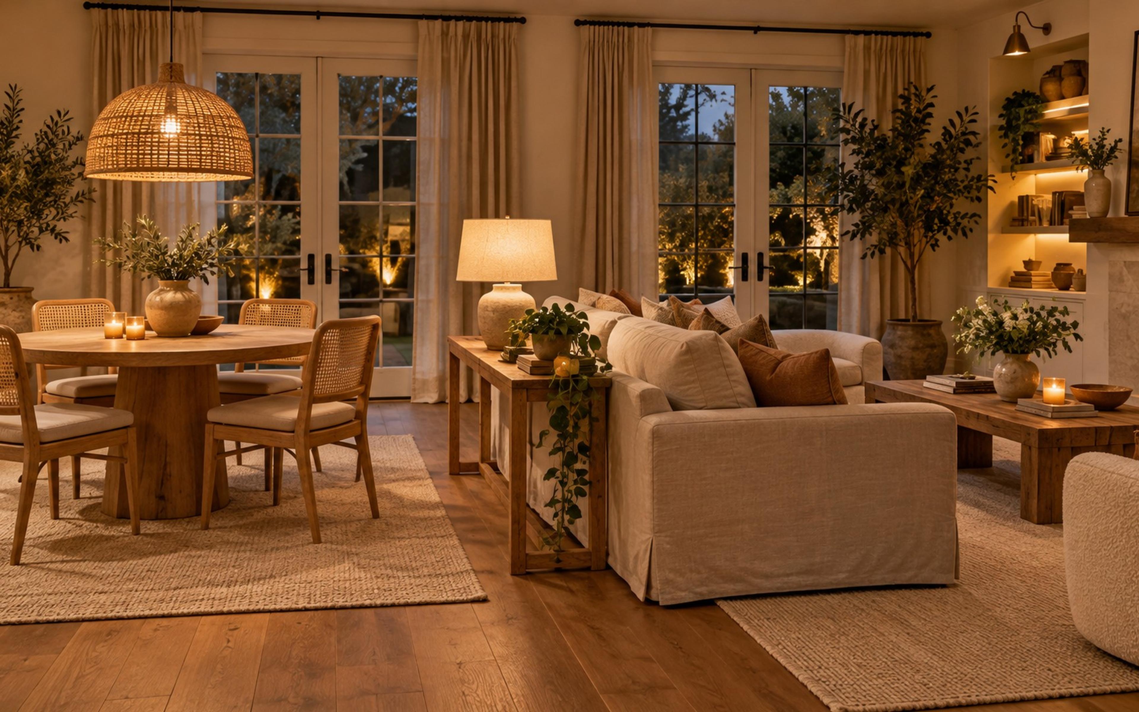 Small living dining combo with a sofa back toward a round table and separate rugs for each zone