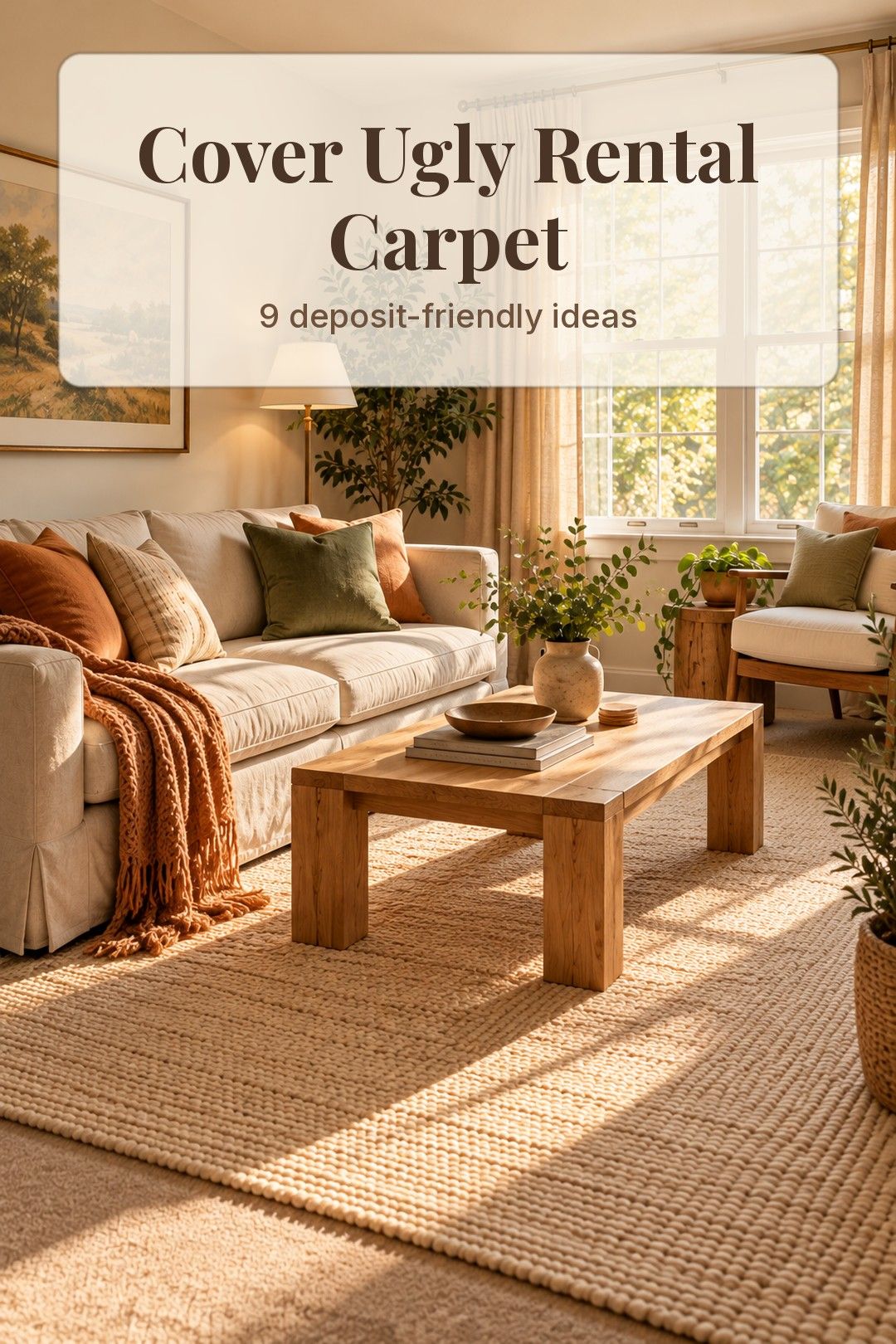 Large cream rug covering rental carpet