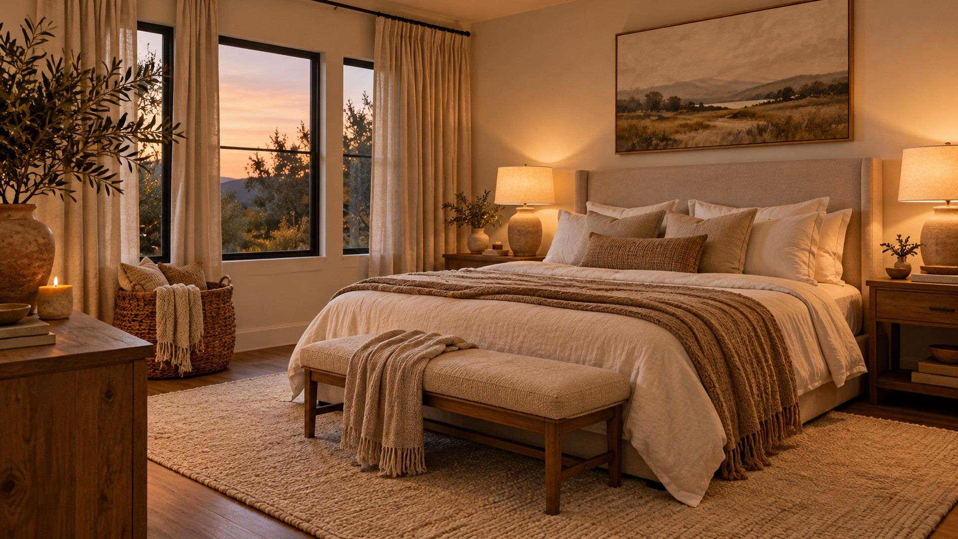 Finished cozy bedroom with layered bedding, curtains hung high, art above the bed and warm lamps