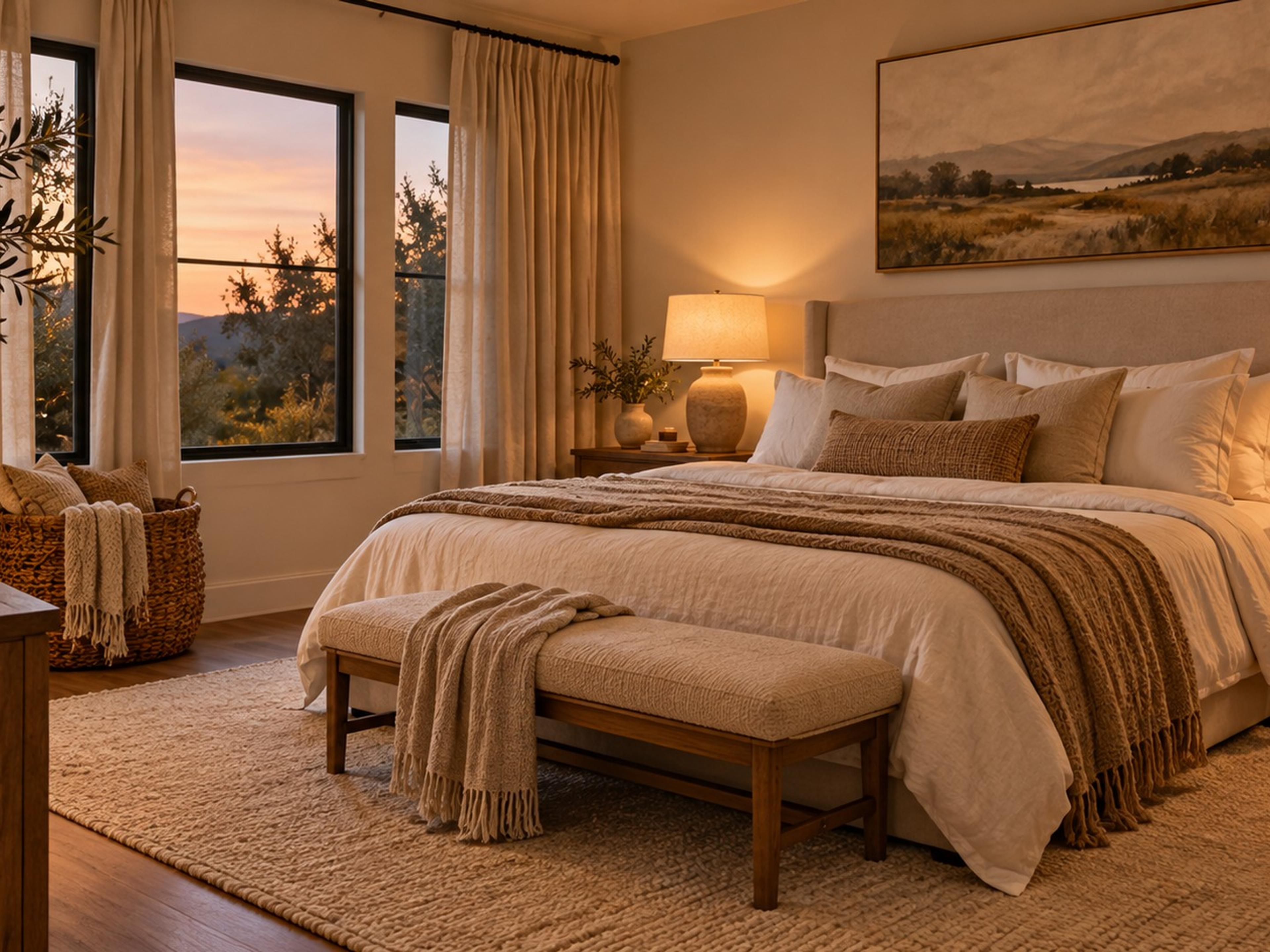 Finished cozy bedroom with layered bedding, curtains hung high, art above the bed and warm lamps
