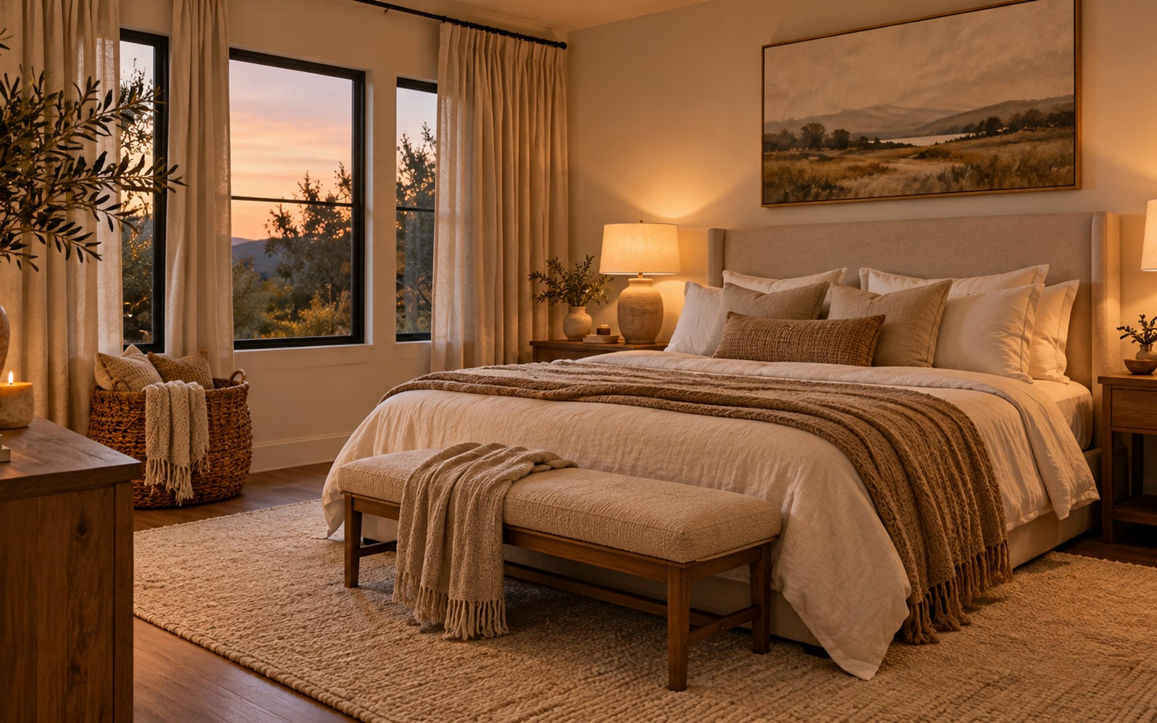 Finished cozy bedroom with layered bedding, curtains hung high, art above the bed and warm lamps