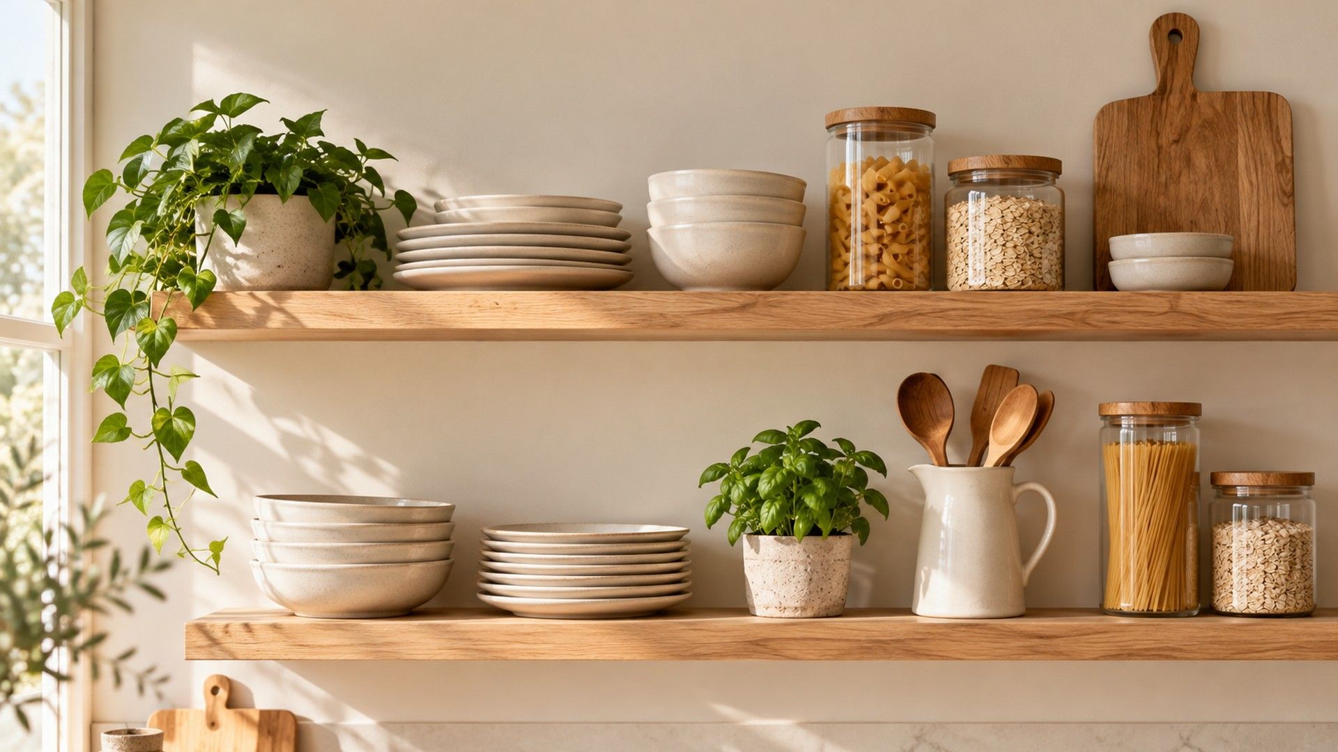 Light oak open kitchen shelves with cream dishes, glass jars, a wood board and a herb pot
