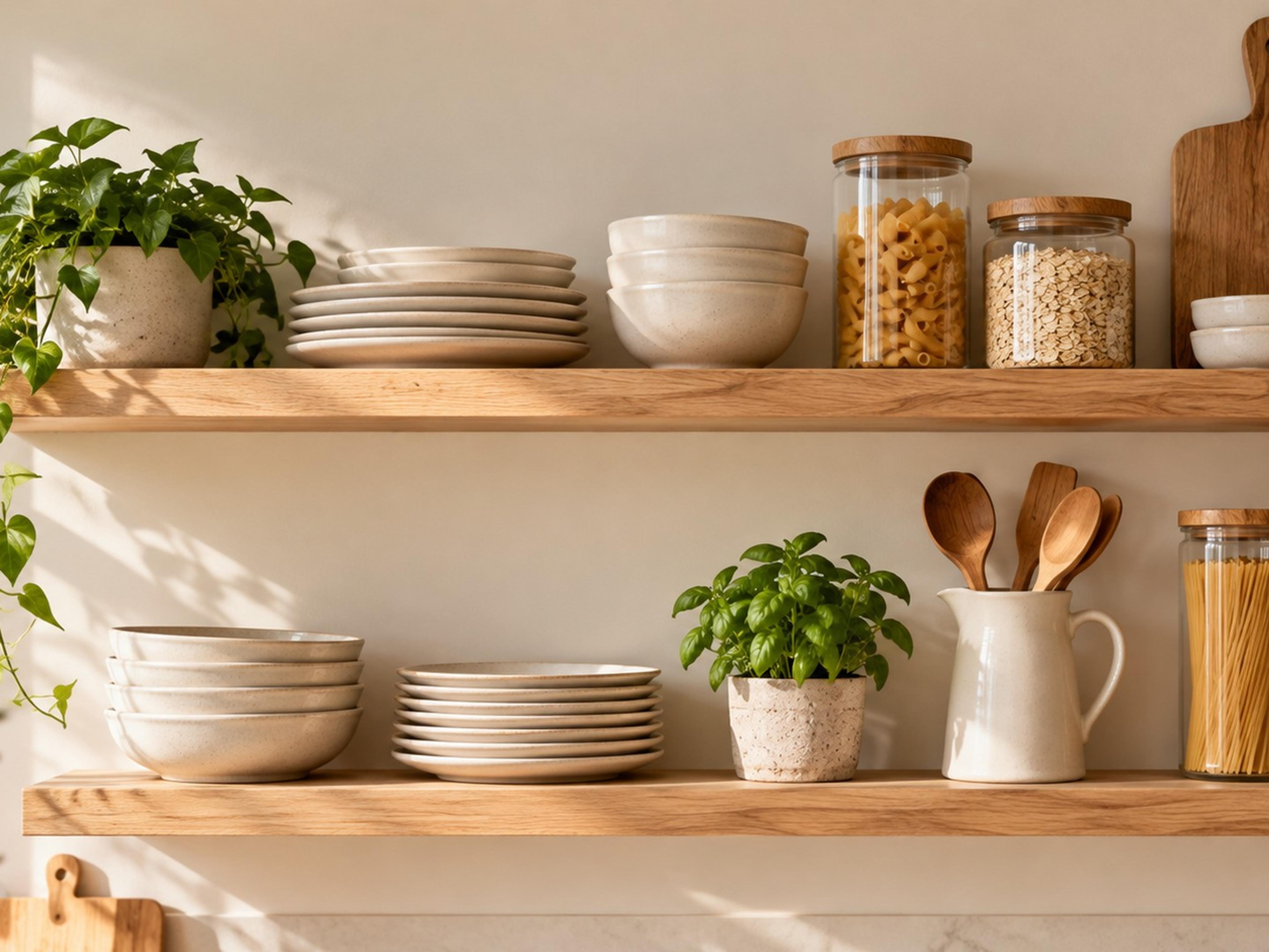 Light oak open kitchen shelves with cream dishes, glass jars, a wood board and a herb pot