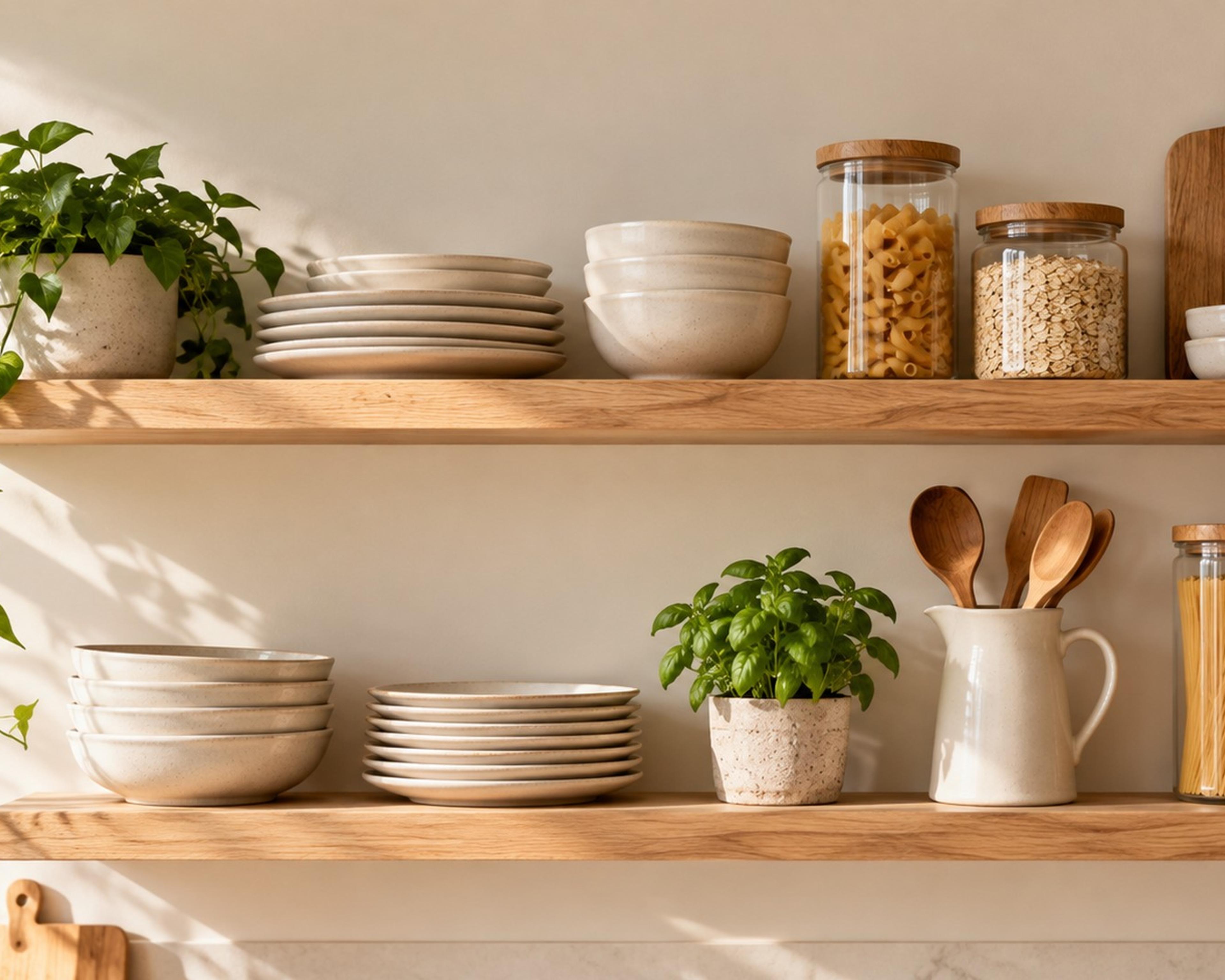 Light oak open kitchen shelves with cream dishes, glass jars, a wood board and a herb pot