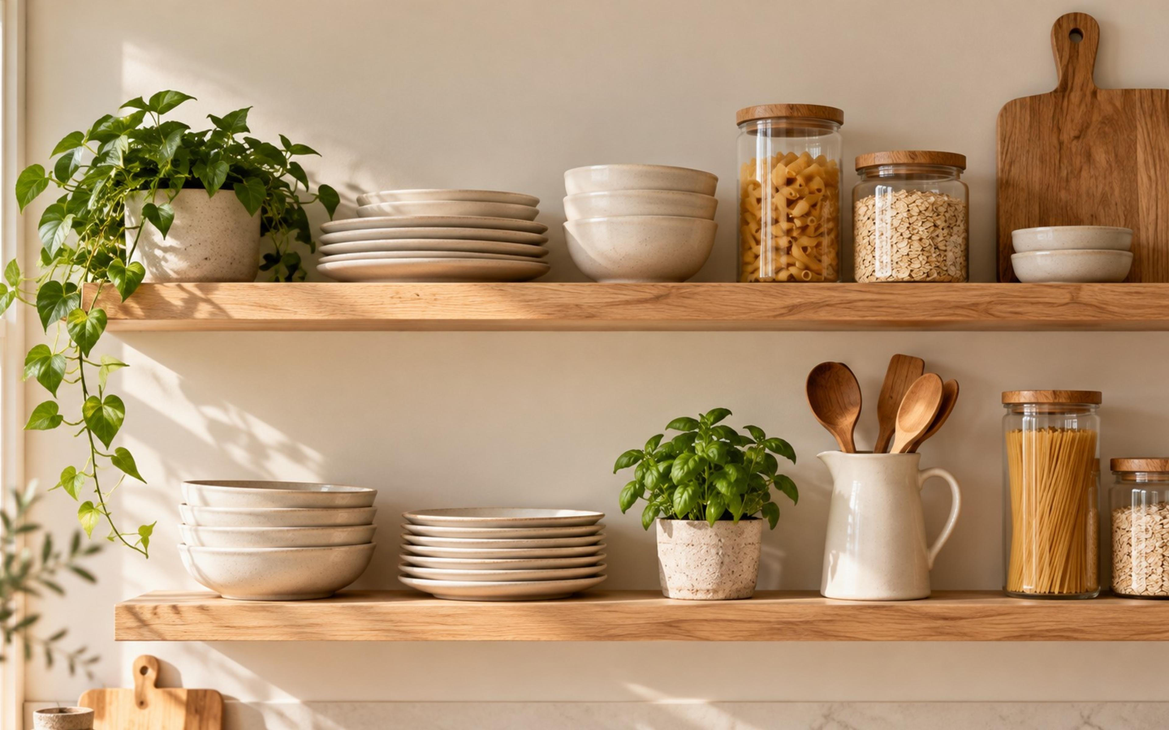 Light oak open kitchen shelves with cream dishes, glass jars, a wood board and a herb pot