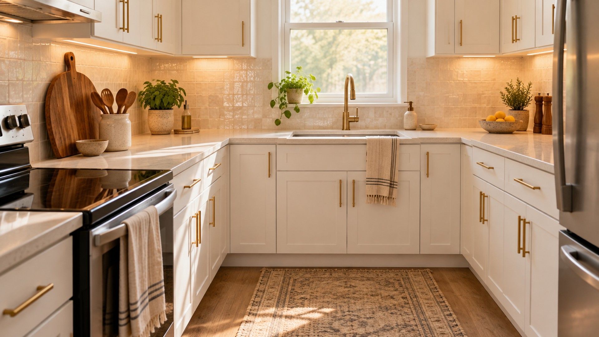 Small rental kitchen with brass pulls, cream backsplash, warm under-cabinet light and wood cutting board