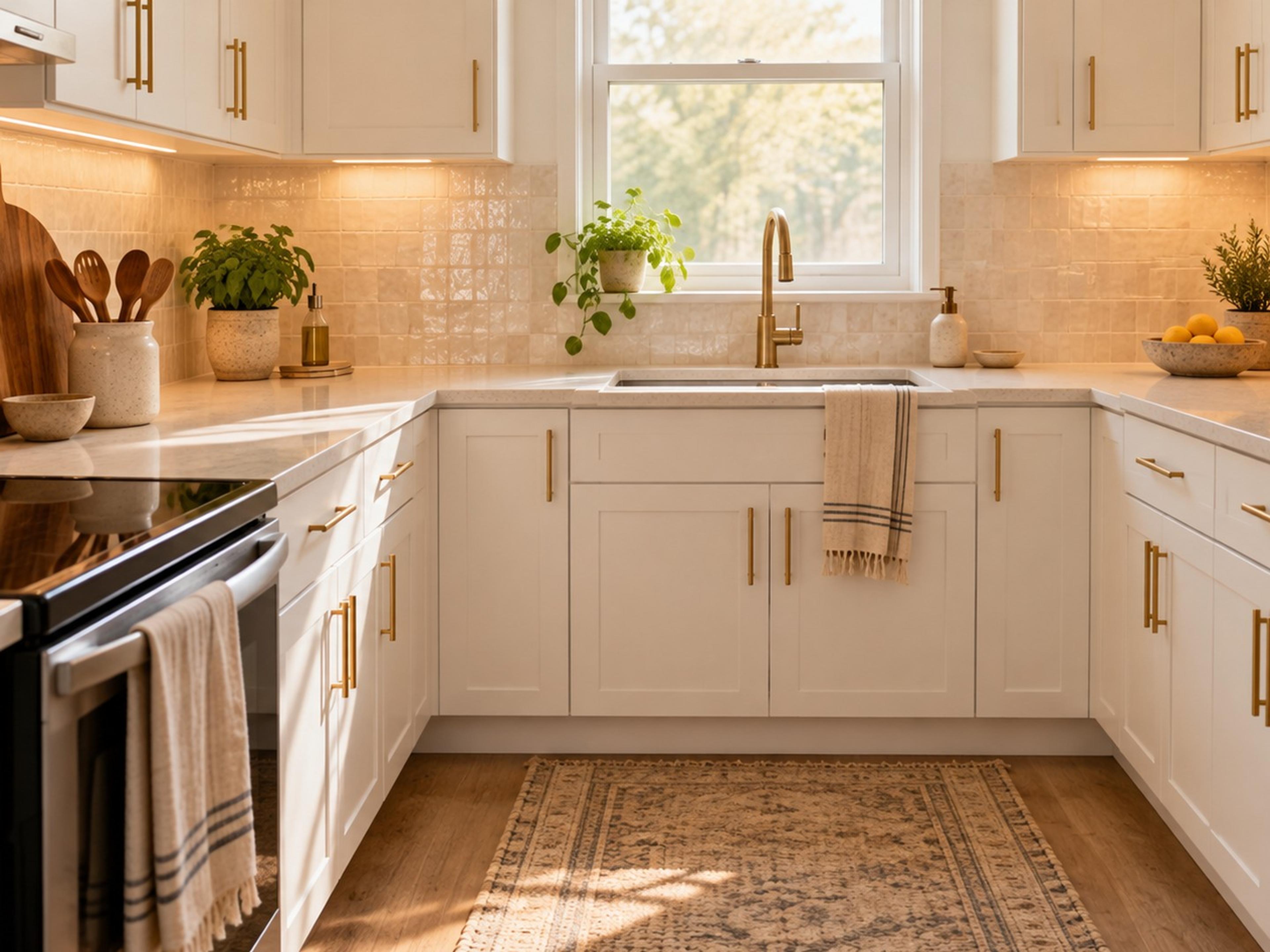 Small rental kitchen with brass pulls, cream backsplash, warm under-cabinet light and wood cutting board