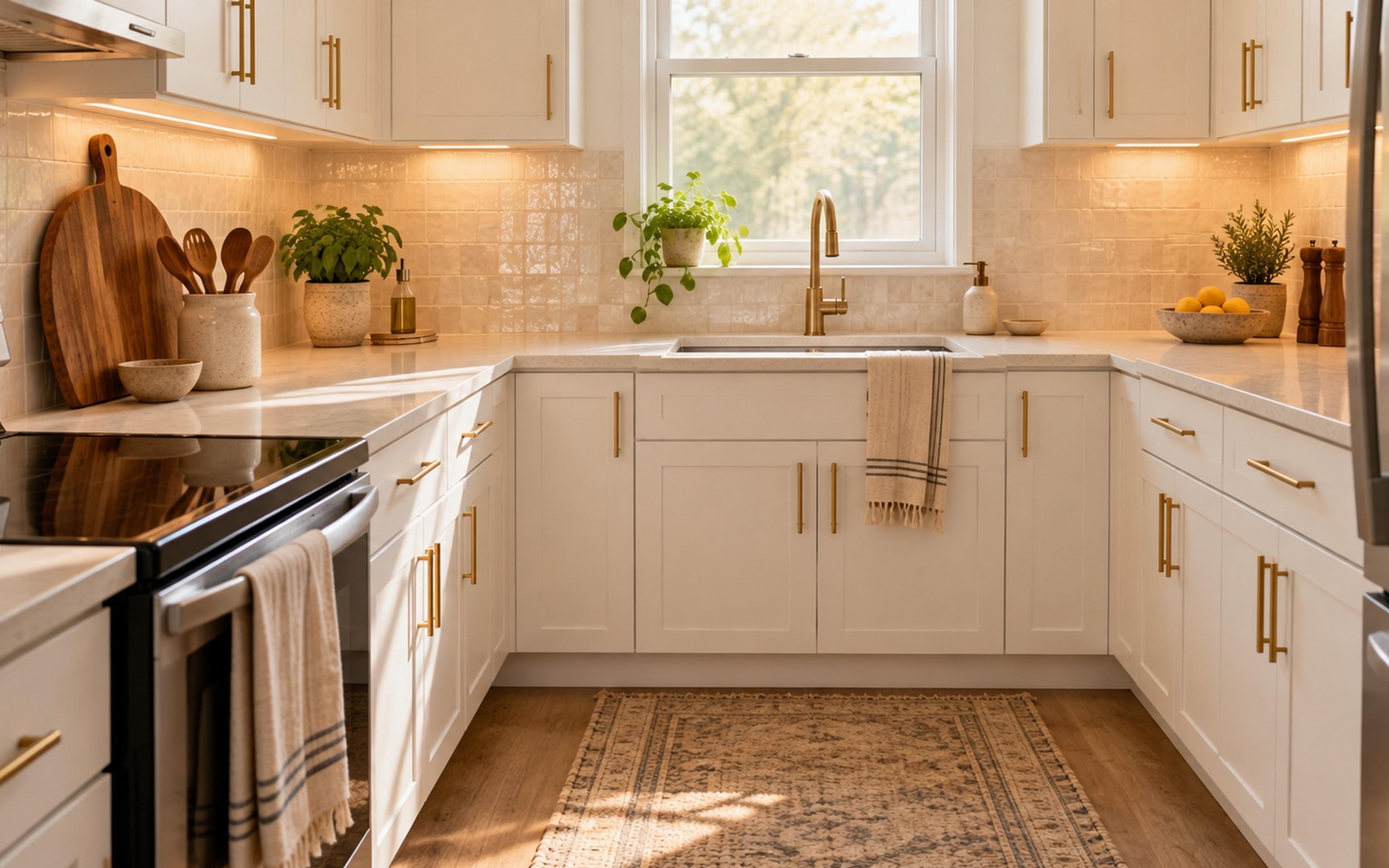 Small rental kitchen with brass pulls, cream backsplash, warm under-cabinet light and wood cutting board