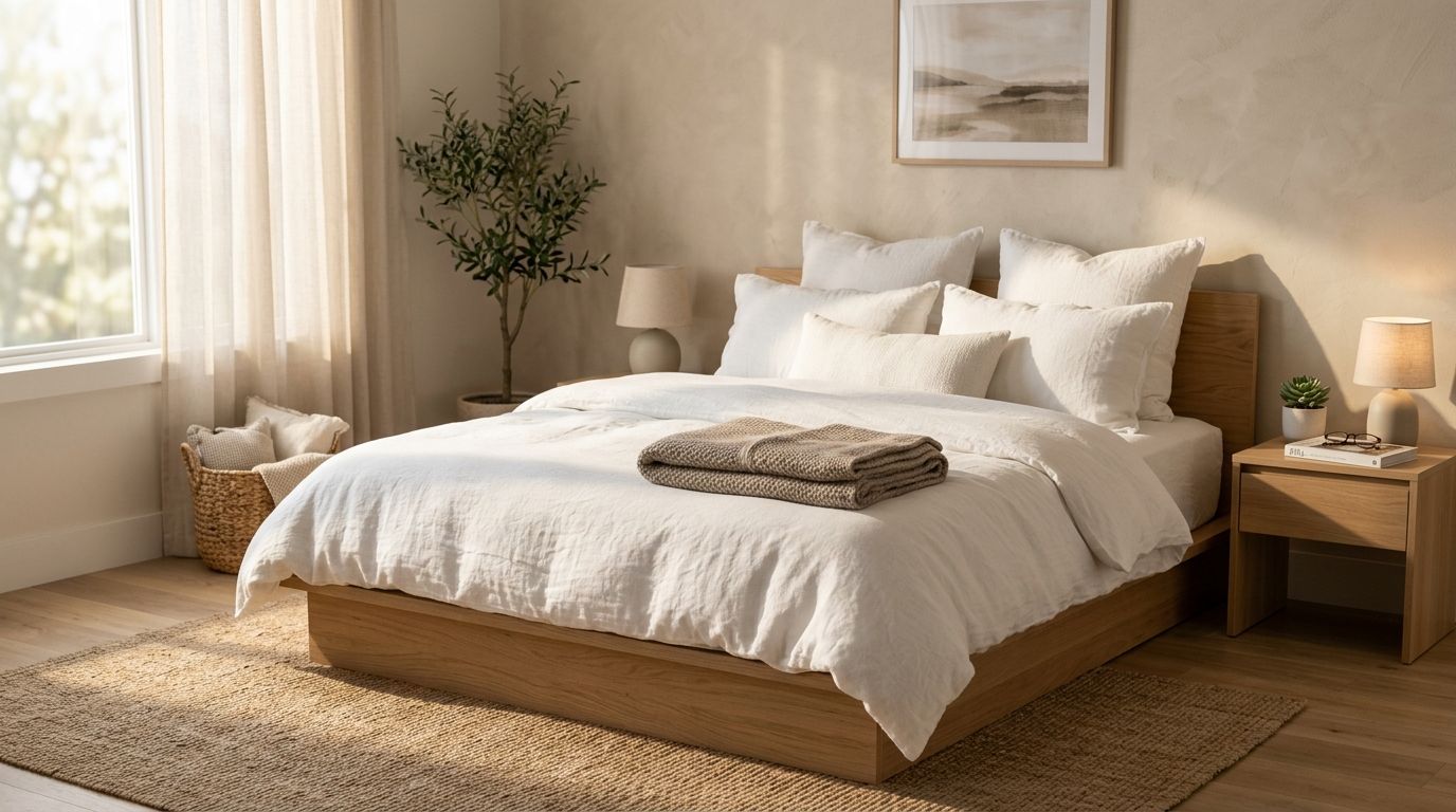 Serene bedroom with crisp white linen bedding, neutral earth tones, and morning light